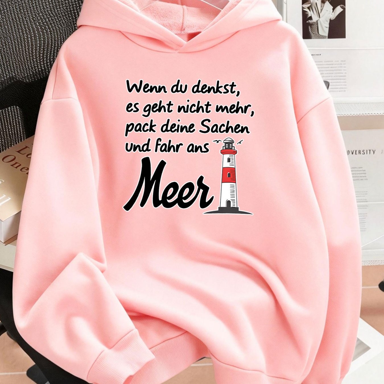 TEMU Plus Size 1pc Fashionable Women's Autumn And Winter Warm Hooded Sweatshirt, Elegant And Beautiful Y2k Style Lighthouse And German Inspirational