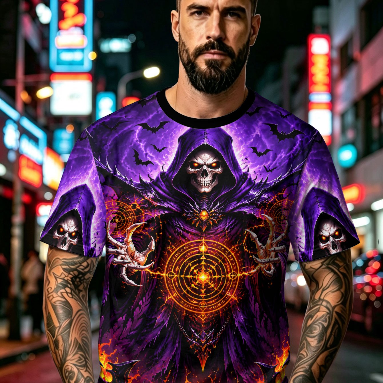 TEMU Sorcerer Skeleton Graphic Men Crew Neck Tshirt Streetwear Casual Sporty Daily Wear Breathable Oversized Retro Grunge Punk Halloween Gift