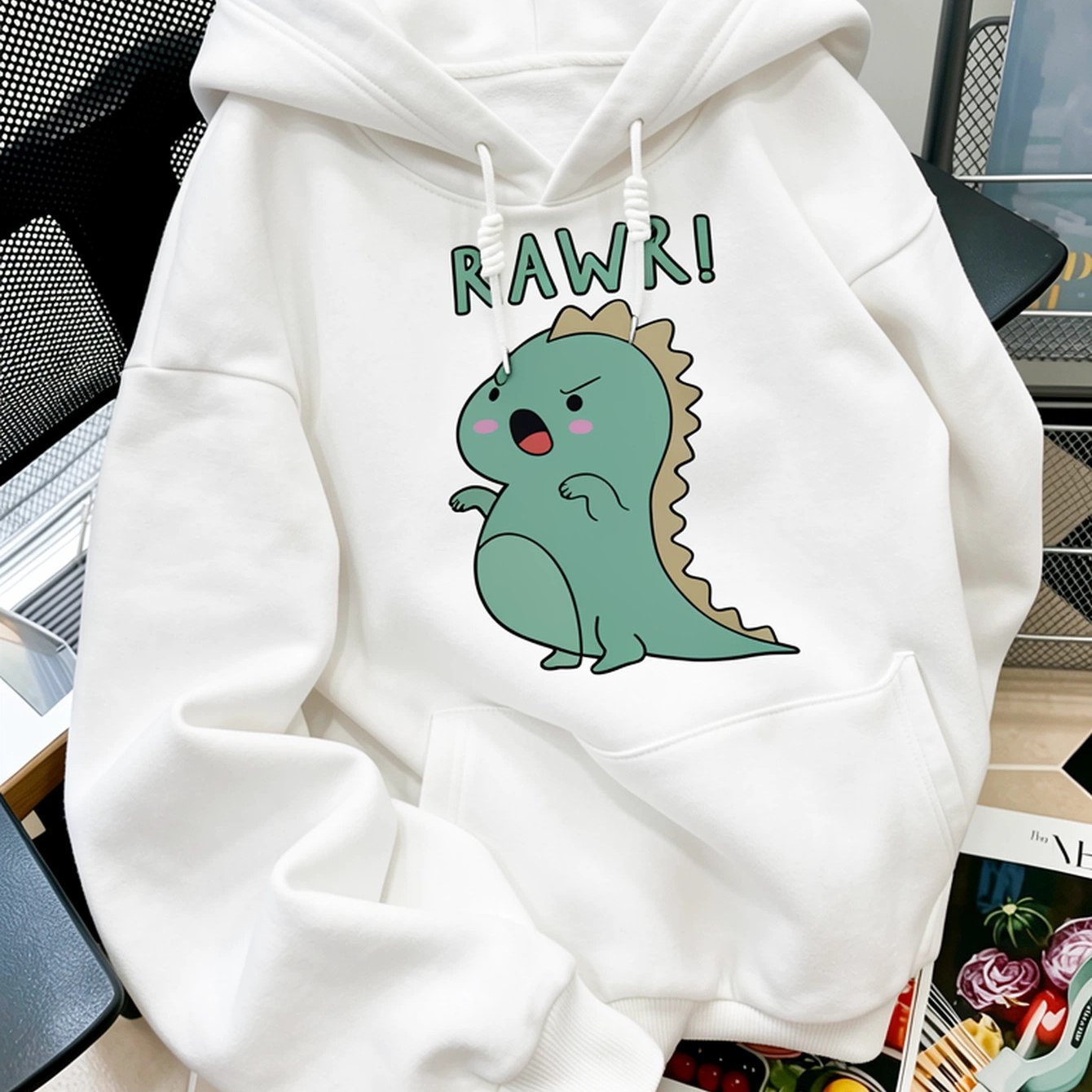 Image of Autumn Winter Trendy Fashion Drawstring Hooded Sweatshirt Little Dinosaur Print Cute Style Hooded Drawstring Design Front Kangaroo Comfortable Wear, Men's Hoodies