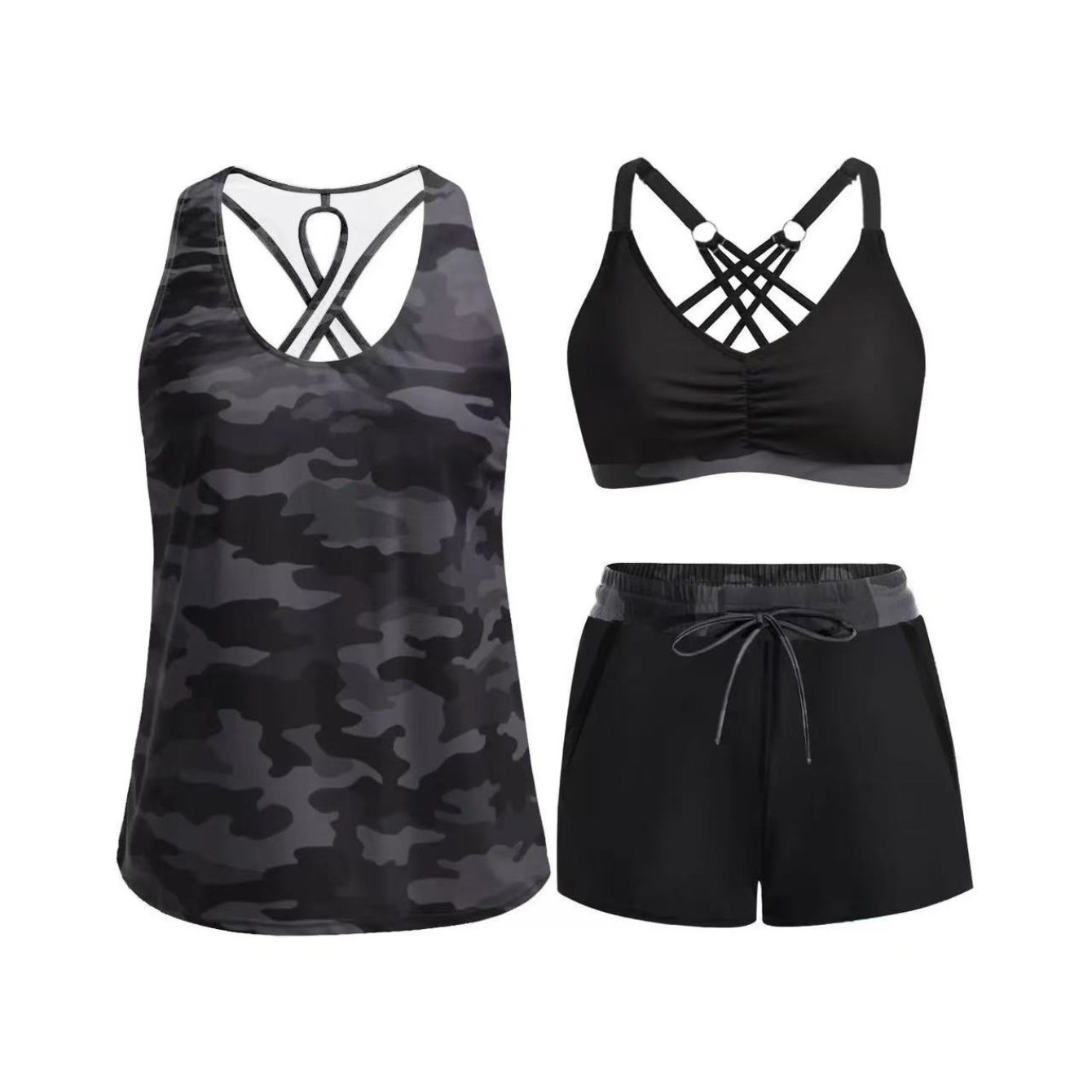 Women's 3pcs Tankini Set Featuring A Tummy-control Tank Top, Sporty Print, And Design.