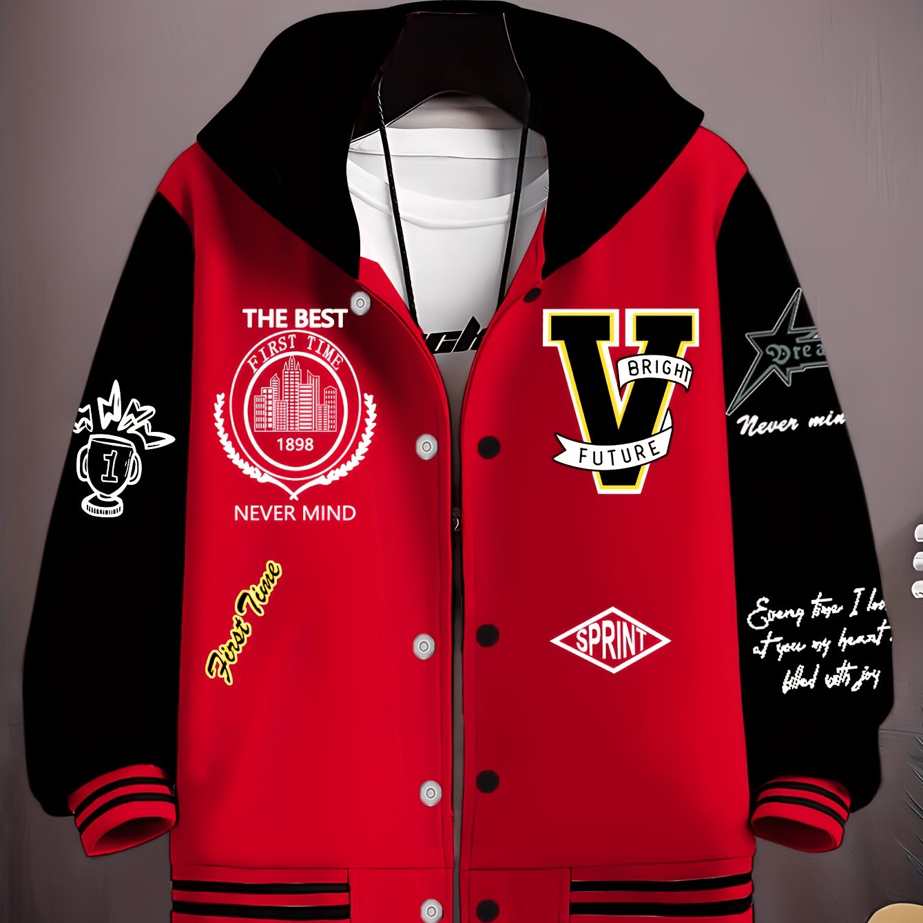 Image of Boys' Baseball Jacket, Trendy And Fashionable Children's Hooded Jacket With Victory Trophy Medal And Print, Korean Style Versatile Jacket