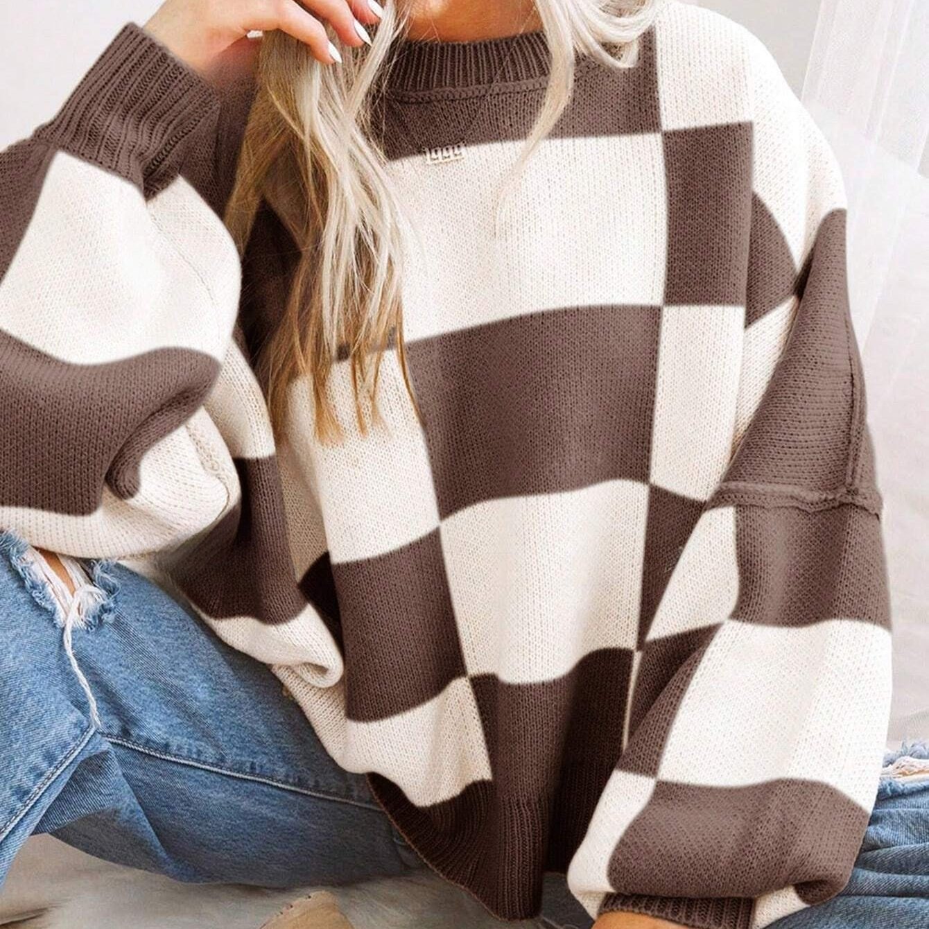 TEMU Plus Size - Plus Size - Color-block Off-shoulder Sweater, Fall Winter Casual Long Sleeve Pattern Round Neck Pullover, Women's Clothing