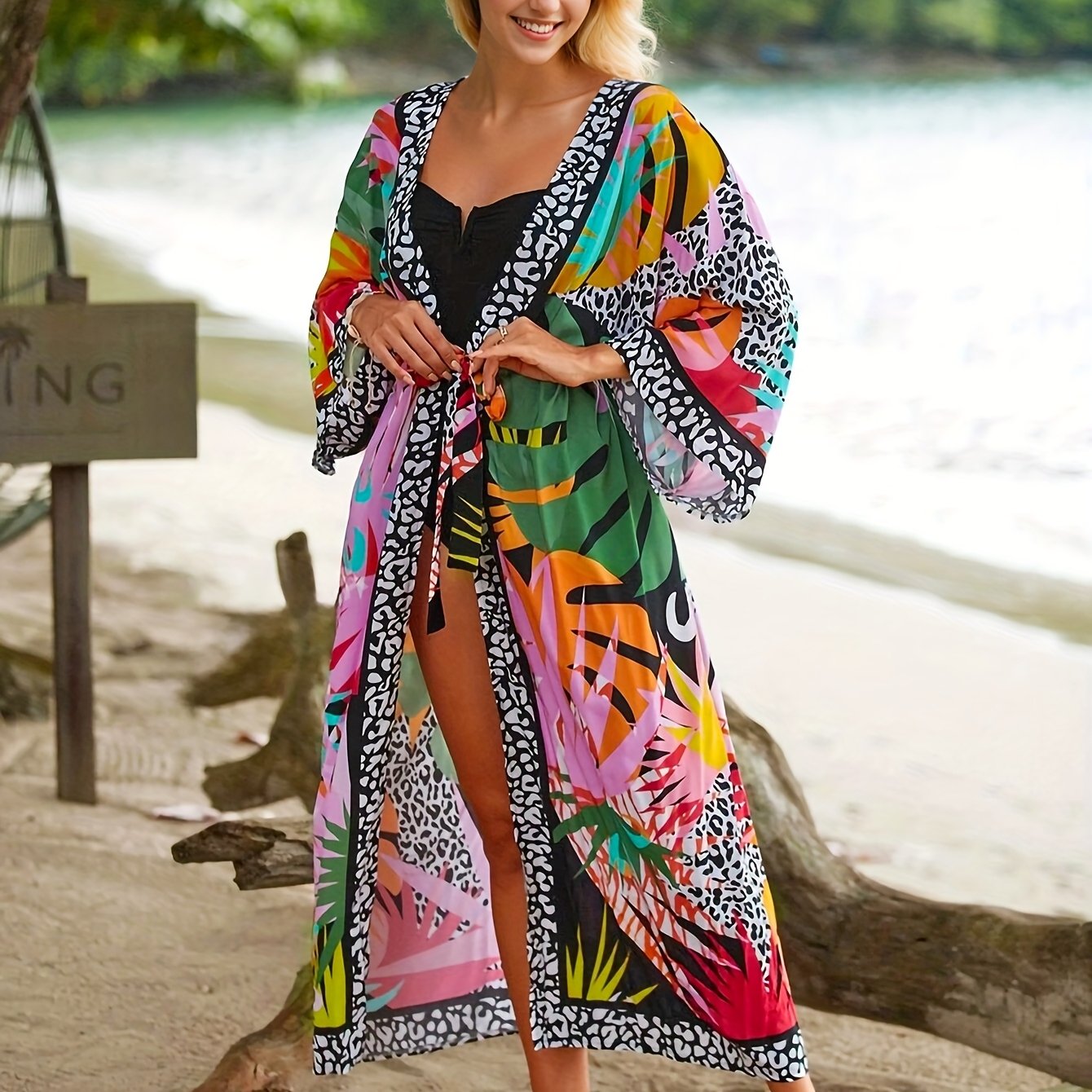 Image of 26ss Women's Tropical Print Kimono Dress With Belt, Casual Vacation Cover-up Maxi Dress, Swimwear Cover-up