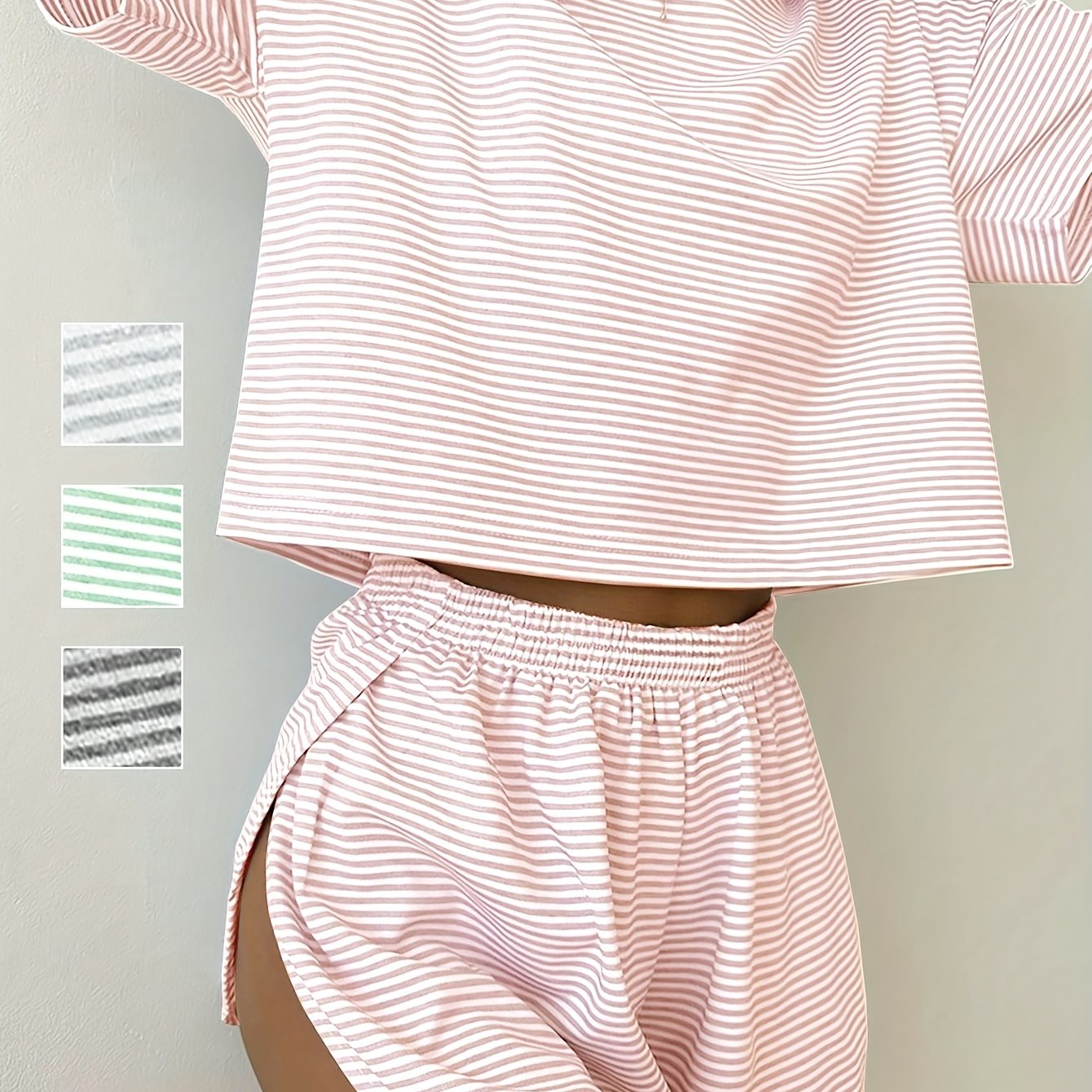 Image of 2pcs Casual Contrast Striped Short Sleeve And Shorts For Spring/summer, Loose Fit, Slit Hem, Comfortable Loungewear For Home