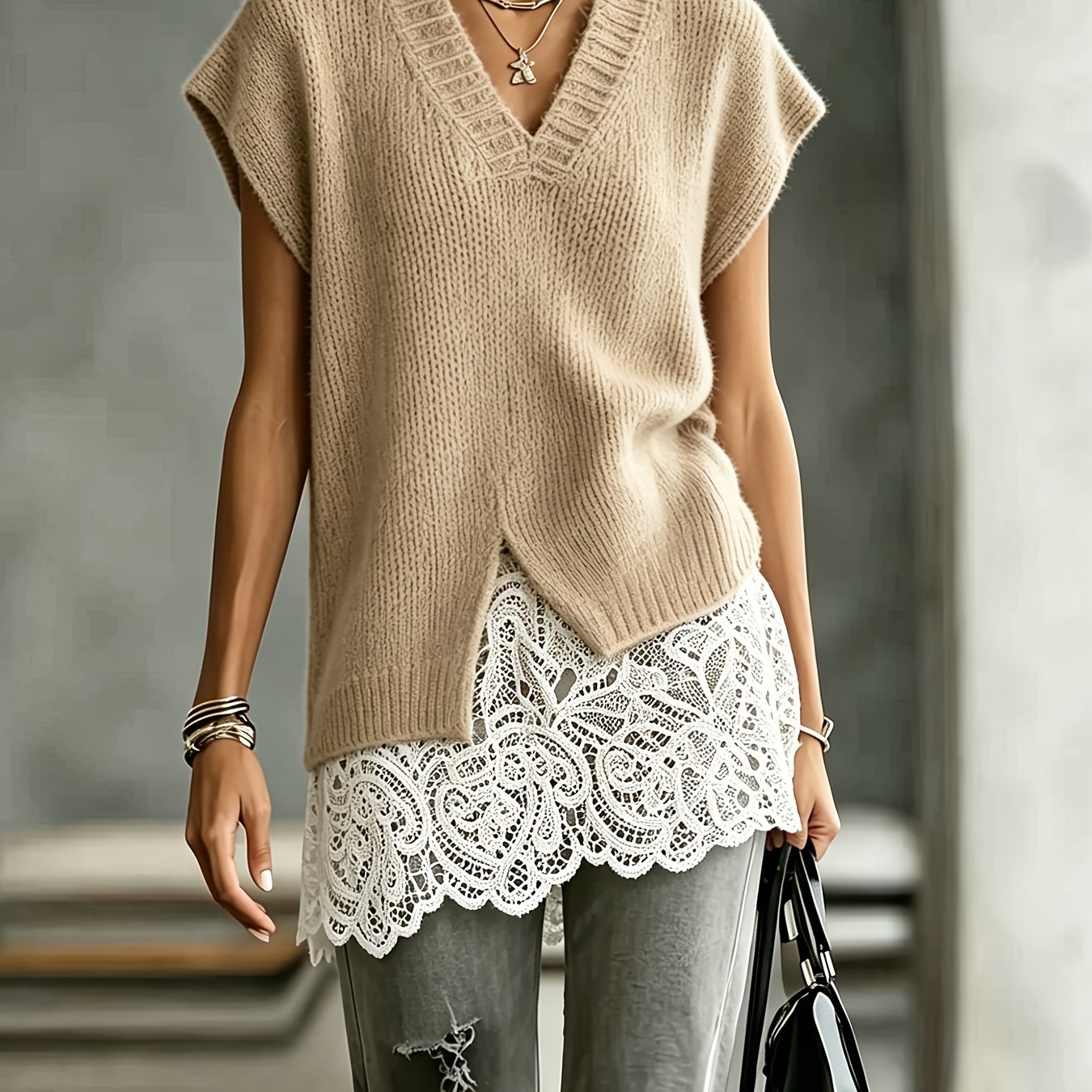 TEMU Lace-trim Pullover Sweater