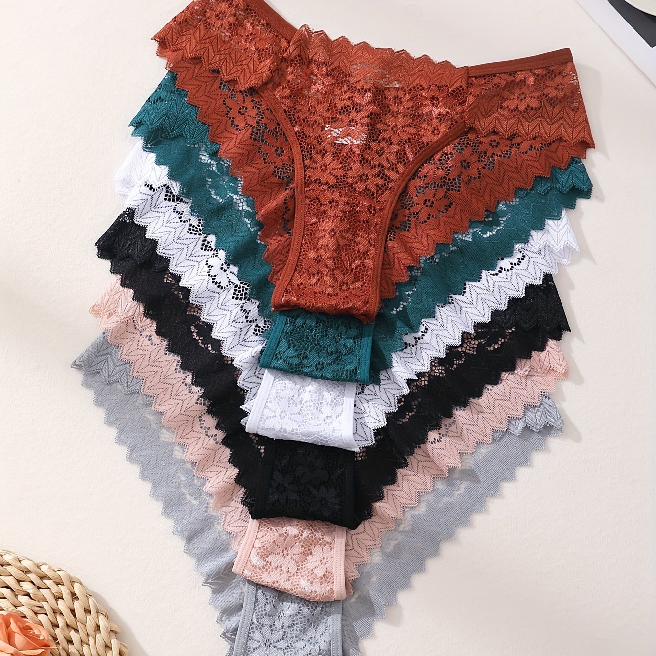 TEMU 6pcs Women's Floral Lace Hipsters - Sexy Hollow Out Low Waist Briefs, Soft Lingerie In Red, Teal, Black, White, Gray, Pink, Solid Color, Sexy