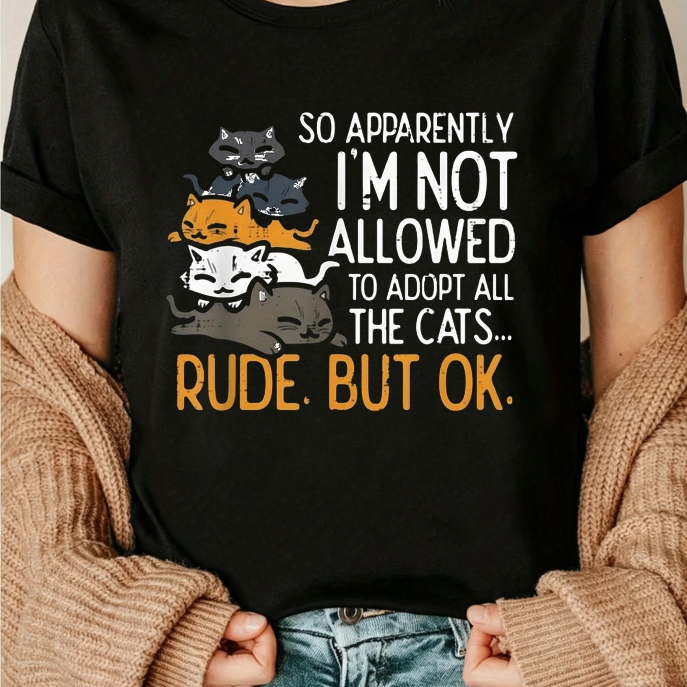 TEMU Women's Plus Size Funny Cat T-shirt "so Allowed To Adopt All The Cats" - Humorous Kitten Design Short Sleeve Crew Neck Stretchy Top, Unisex