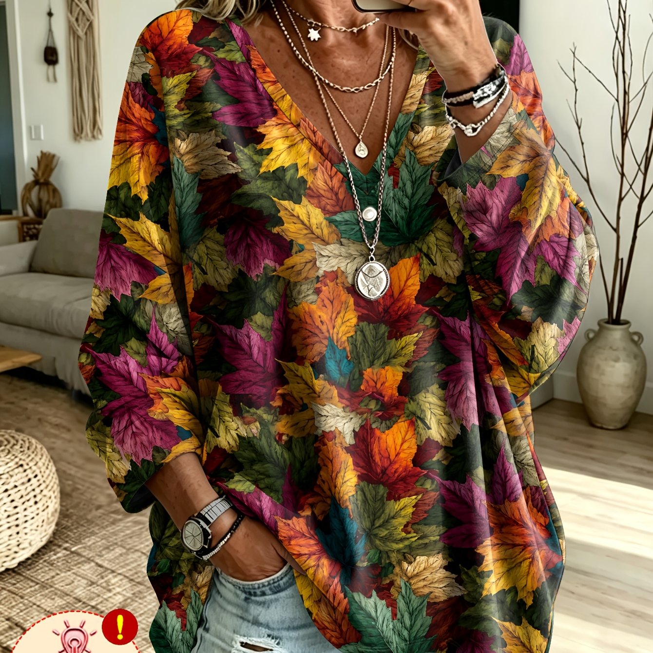 TEMU Plus Size, Women's Plus Size Elegant V-neck Style T-shirt - Full-body Maple Leaf Print Loose Fit Long Sleeve Top, Non- Suitable For Casual Daily