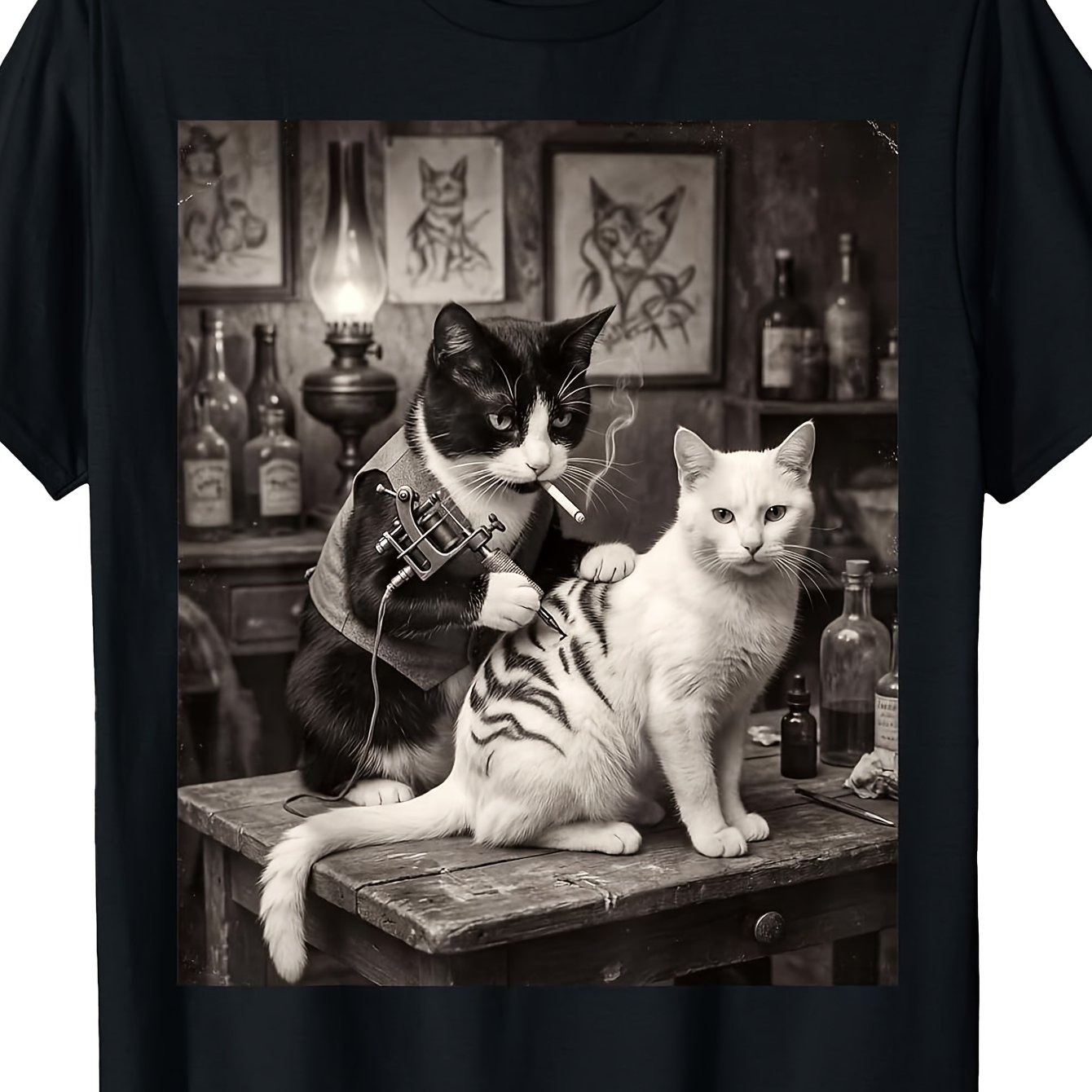 Image of Retro Cat Smoking Tattoo, Fun Artist T-shirt, Retro Round Neck Short-sleeved, Suitable For And Casual Weekend Wear