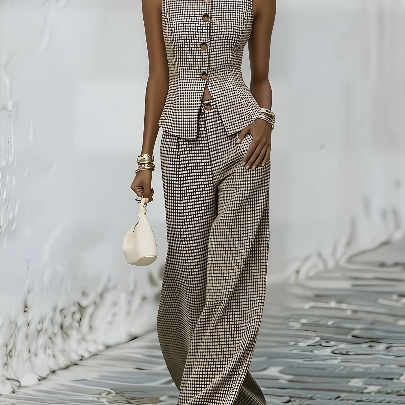 TEMU 2026 Trendy Retro Sleeveless Suit Jacket And Long Pants Set, High-waist Button Detail Fashionable Versatile Two-piece Suit, Suitable For Casual