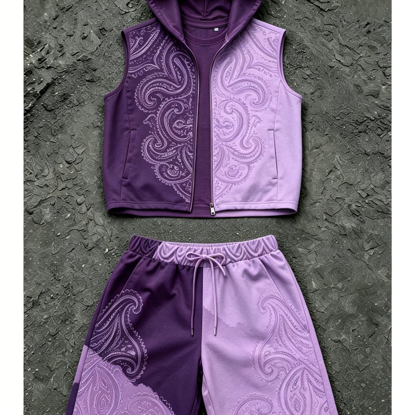 Image of Men's 2pcs Outfits [printed Design - No Texture] Sleeveless Hooded Men's Fashion Casual Block Paisley Pattern Zipper Vest Shorts Set Adult Men's Clothing Street Style Casual Apparel