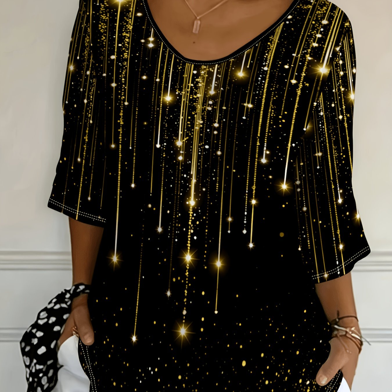 TEMU Plus Size, Plus-size Women's Fashion Top With Golden Luminous , Suitable For Special Occasions, Elegant And Luxurious, Festive Sparkling Style