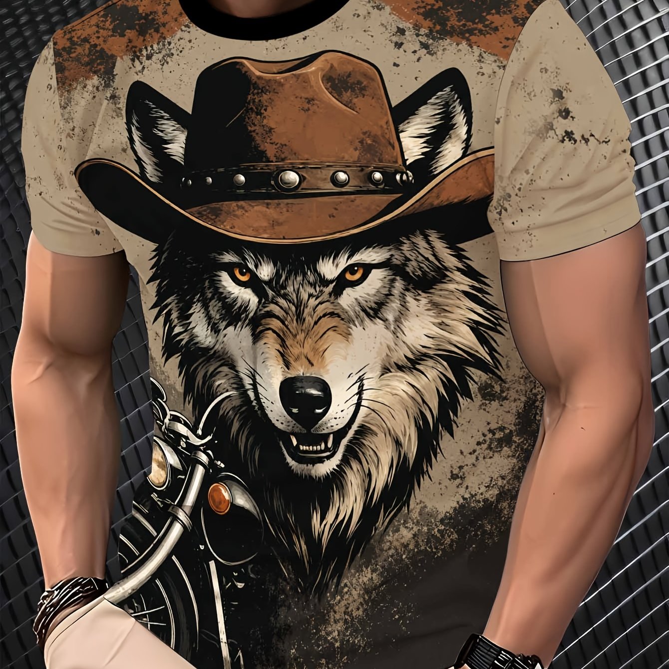 TEMU Printed, Non-textured Men's T-shirt, Denim-look, With A Wolf Head Motorcycle Element Print Wearing A Cowboy Hat, Short-sleeved, Machine Washable
