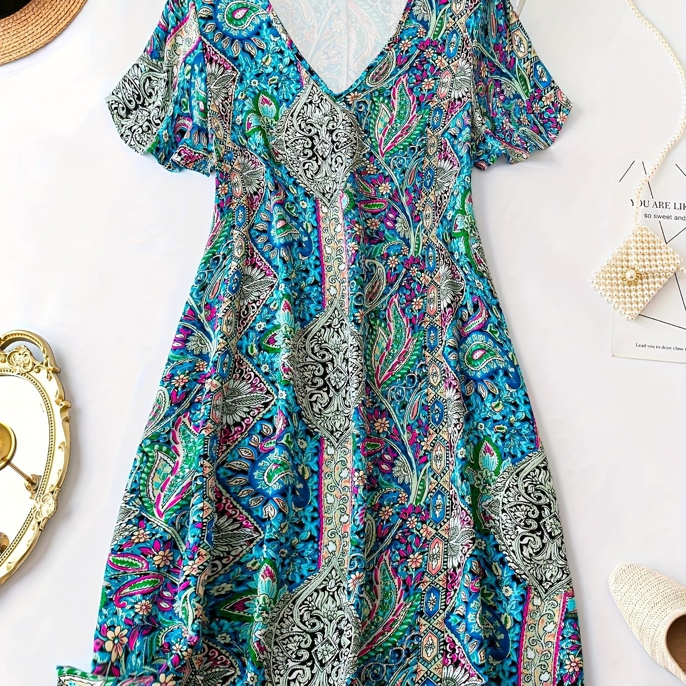 TEMU Plus Size Paisley Print Slim Dress, Casual V Neck Short Sleeve Dress For Spring & Summer, Women's Plus Size Clothing