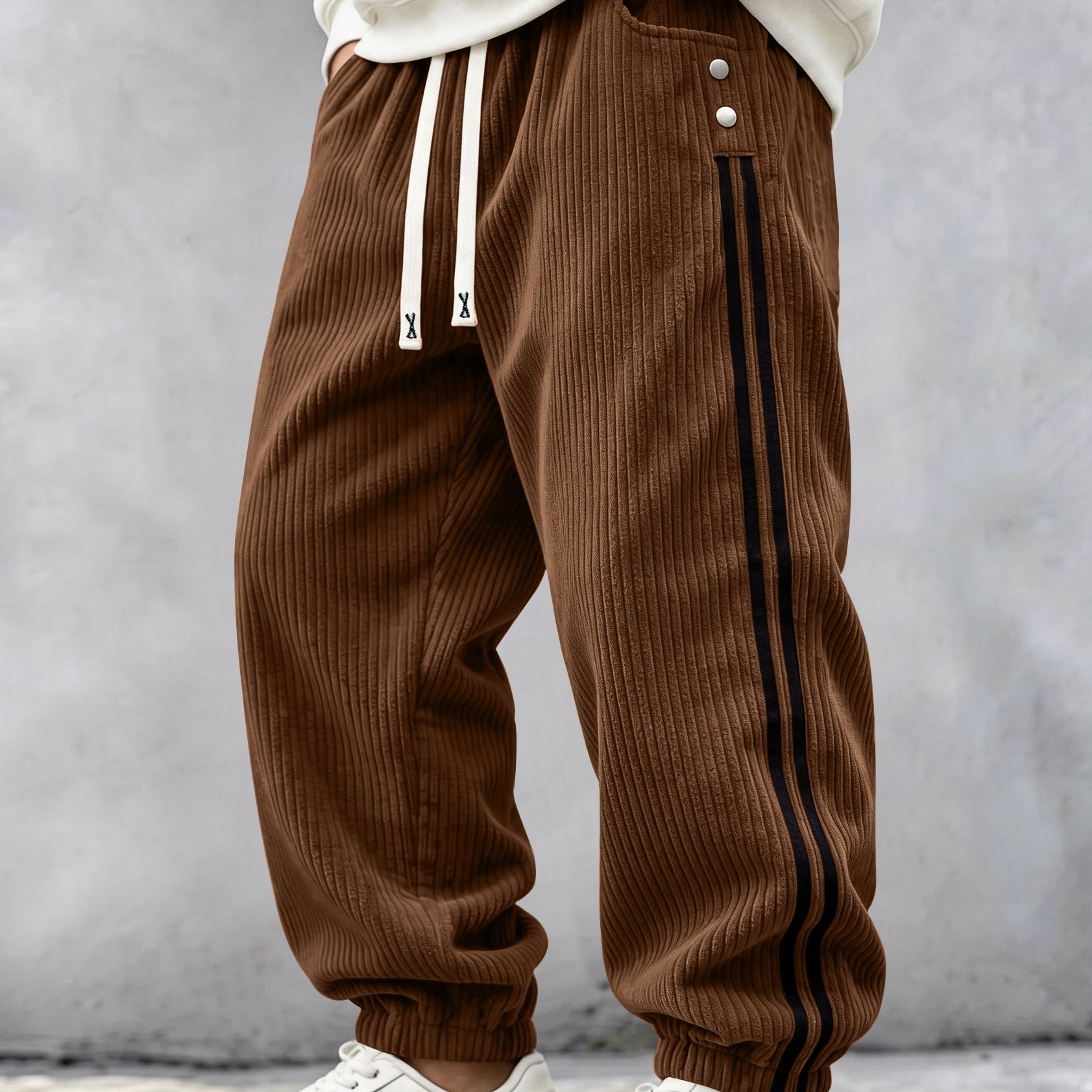 TEMU Men's Corduroy Casual Trousers, Men's Joggers, Machine Washable, Side , Elastic Waist With Drawstring, Back Pocket, Loose Fit, Corduroy Fabric,