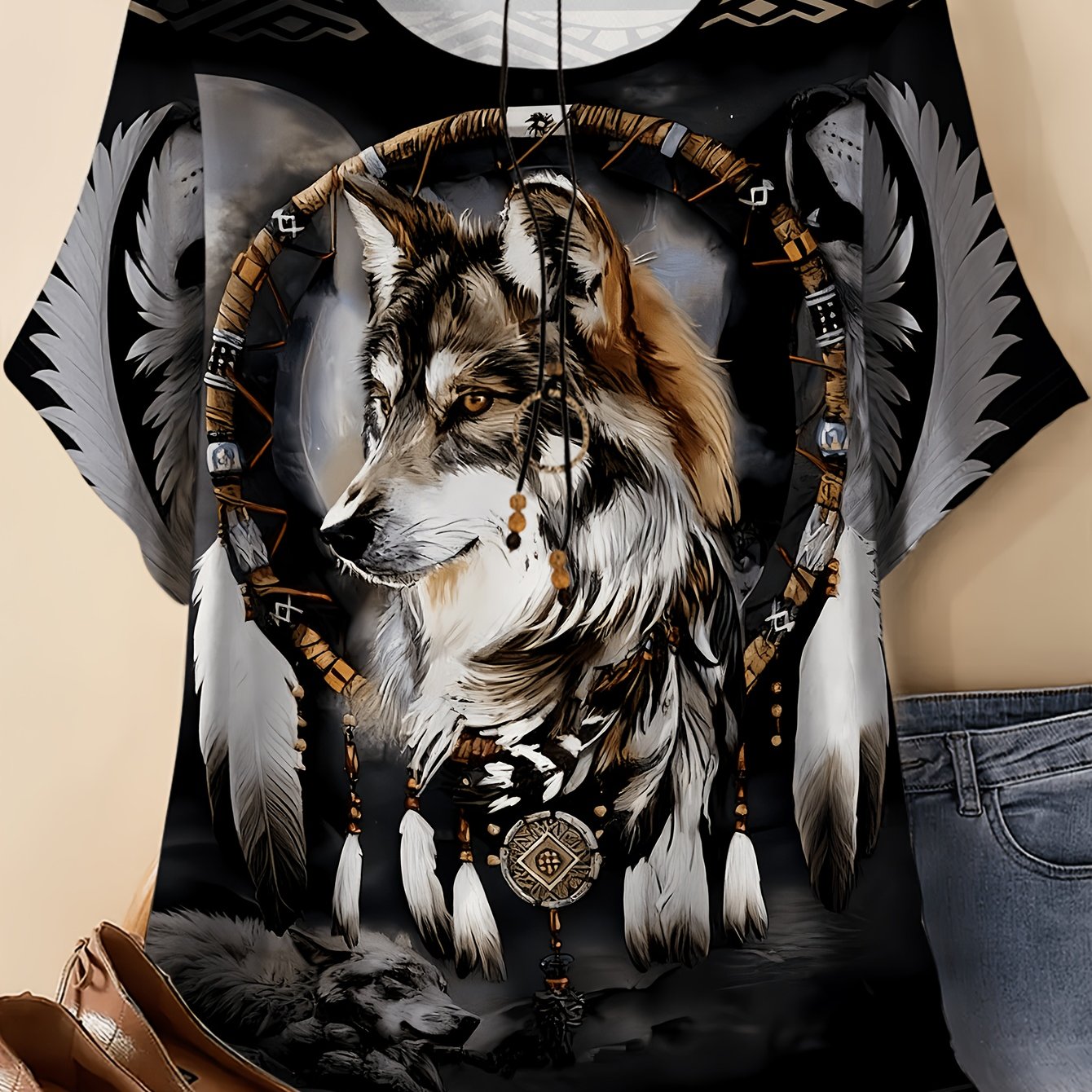 TEMU Plus Size, Women's Casual Wolf Print T-shirt - Short Sleeve Crew Neck Top, Art Design, Breathable And Comfortable For , Machine Washable,
