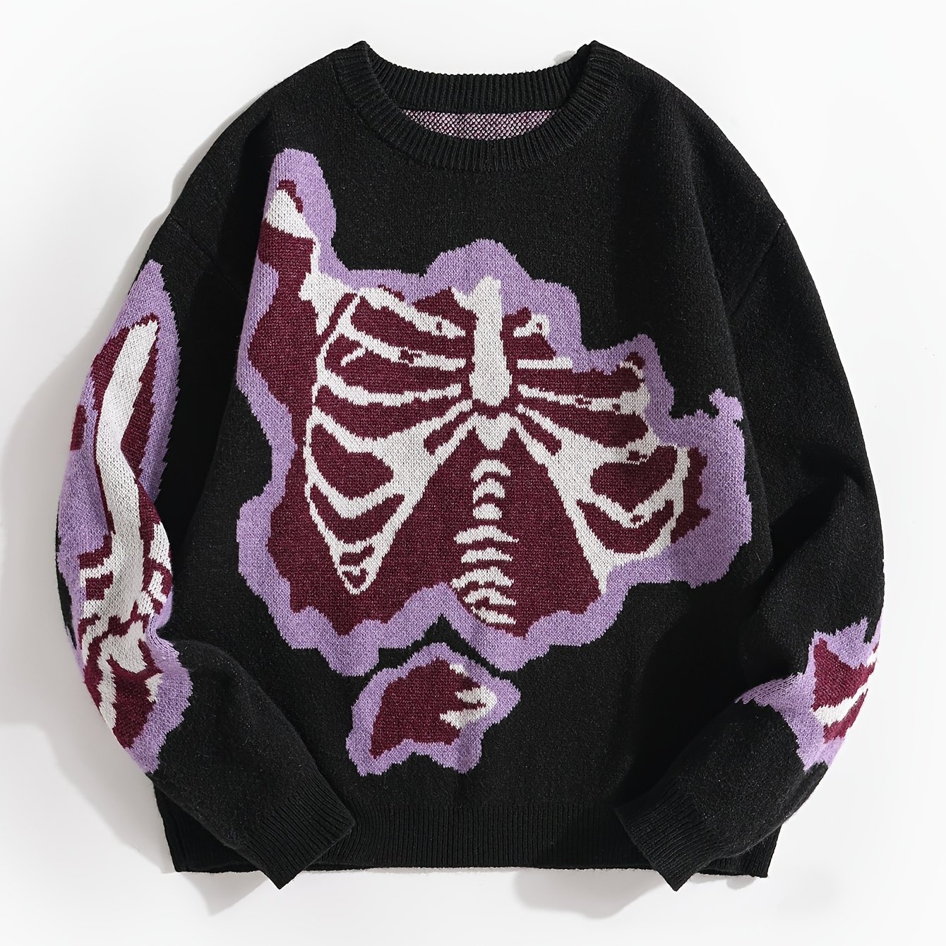TEMU Color Block Bone Jacquard Comfortable Sweater Elegant Round Neck Pullover Knitwear