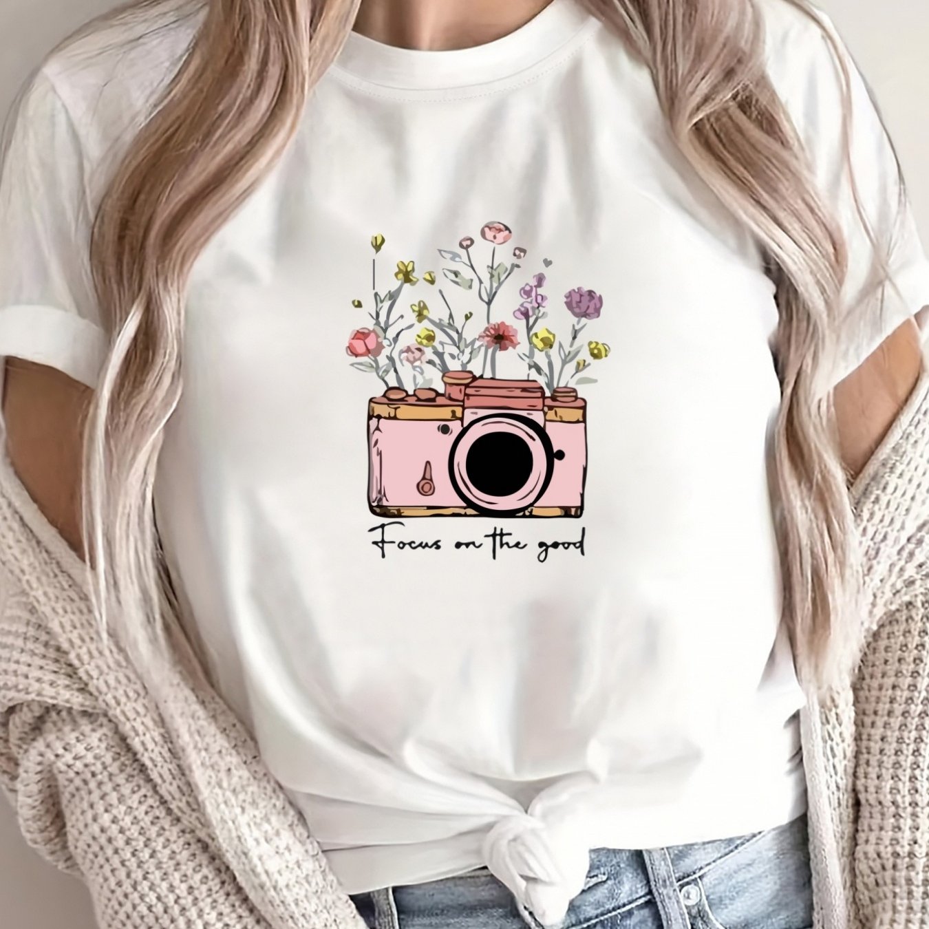 TEMU 1pz Maglietta da donna con stampa , tessuto in maglia di poliestere, , corta, top casual, maglietta di lunghezza regolare per con motivo