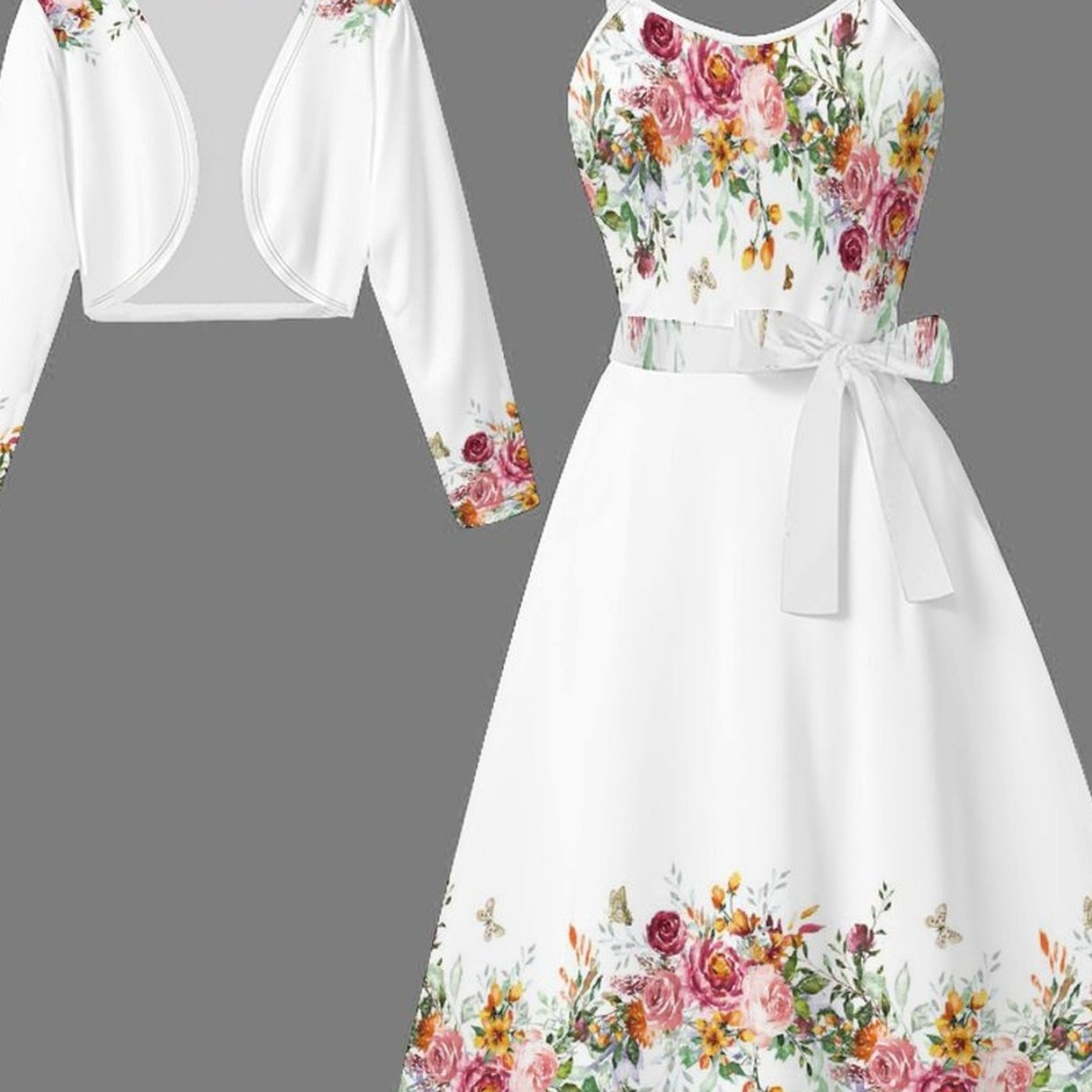 TEMU Directional Dyeing 's Numbered Set - Floral Tree Pattern Print Fashionable Vacation Elegant Casual Half-body   Dress Set. Suitable For Indoor