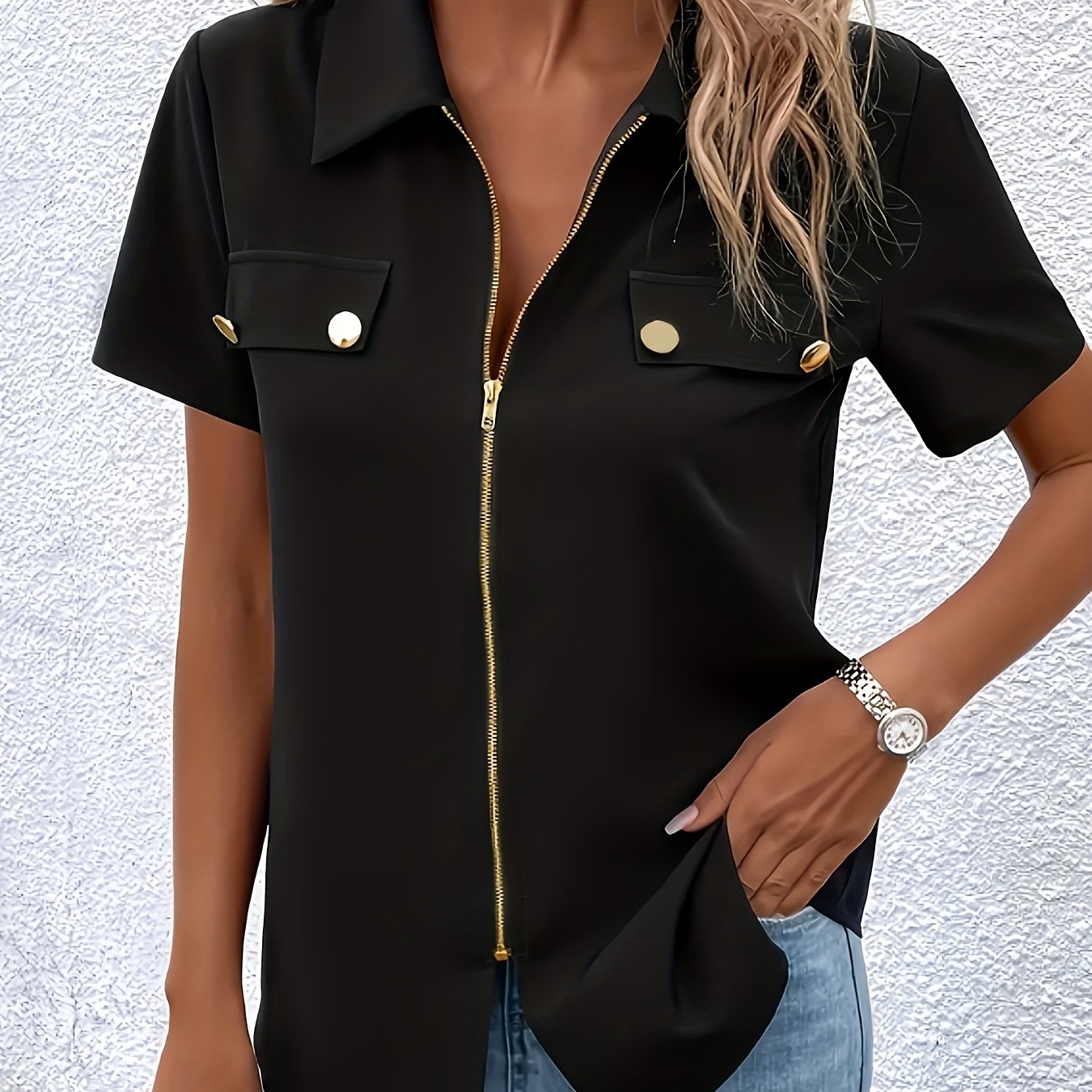 TEMU Solid Color Casual Women's Shirt With Collar, Zipper And Metal. Suitable For Casual Attire