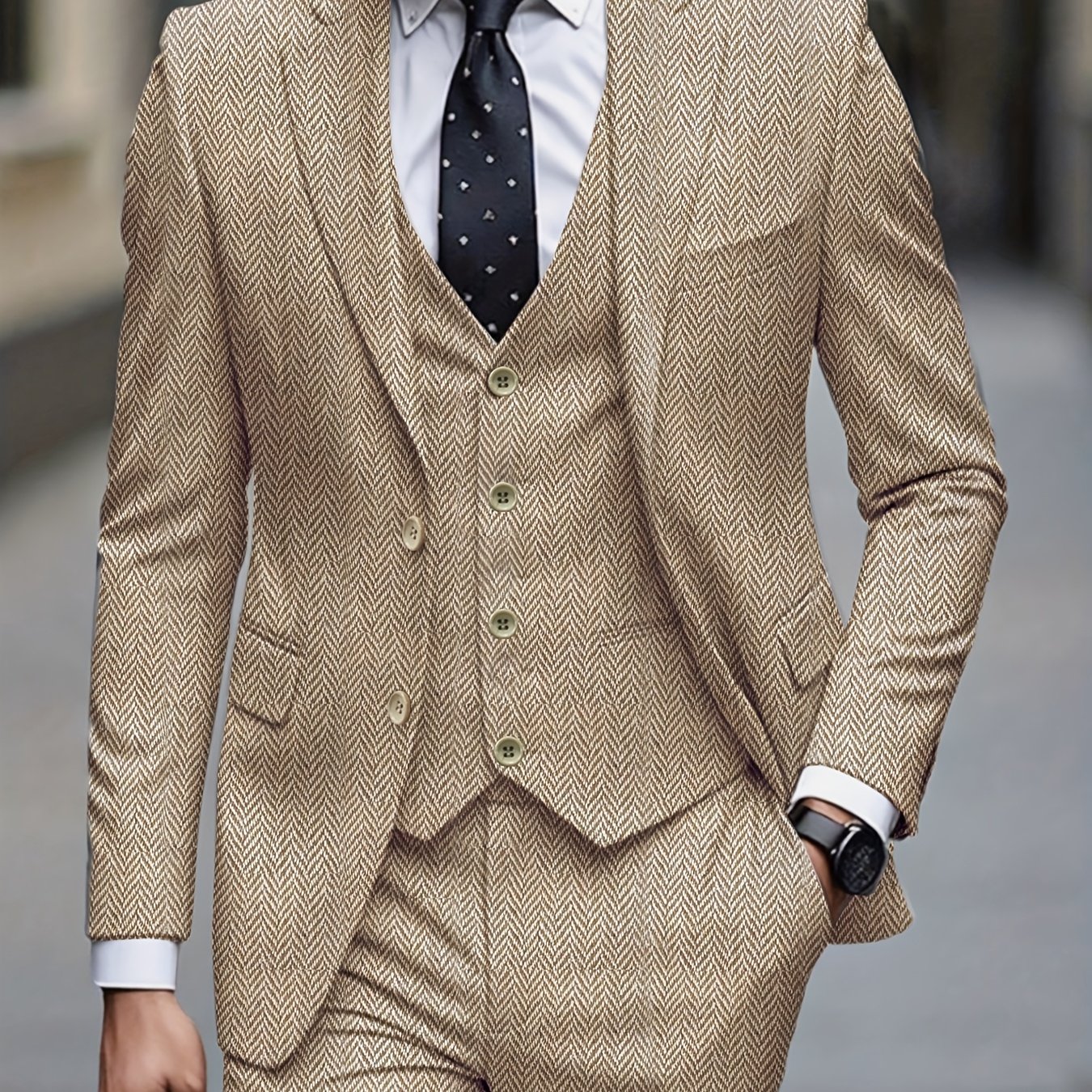 TEMU Men's 3pcs Wool Blend Herringbone Western Vintage Favors Wedding Suit For Formal Events, Work, Business, And Parties - Elegant Vintage Suit