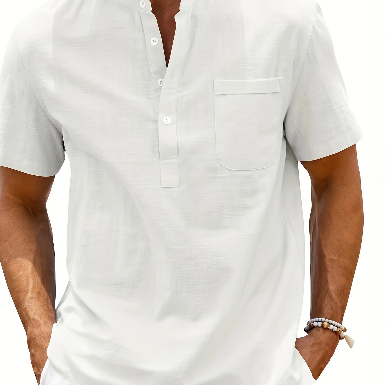 Men's Casual Solid Color Shirt With Stand Collar, Short Sleeves, And Chest Pocket - Machine Washable, Summer Style, Plus Size