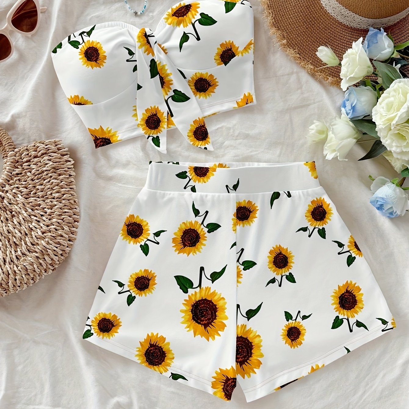 TEMU Women Casual Holiday Front Tie Bandeau Top And Mini Shorts Set, Sunflower And Floral Print, Suitable For Summer, Spring Break, , Trip, Music