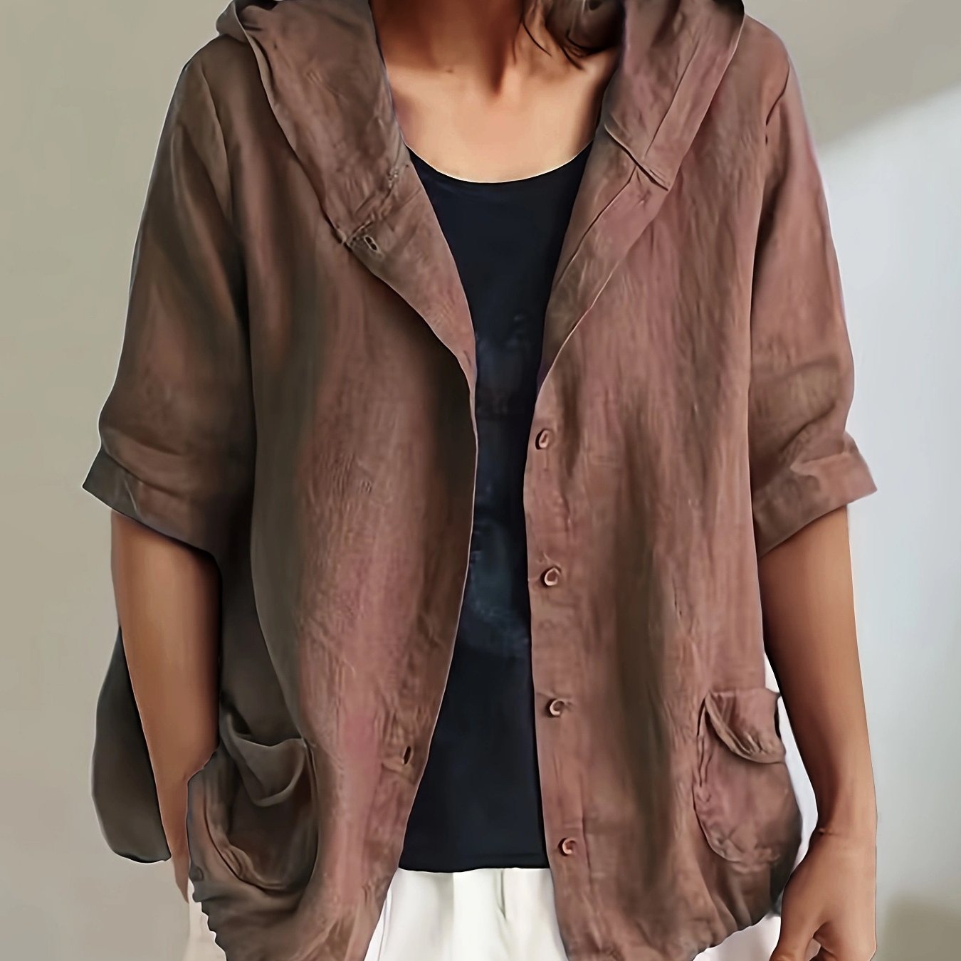 TEMU New Women's Loose Vintage Casual Hooded Cardigan Solid Color Trench Jacket