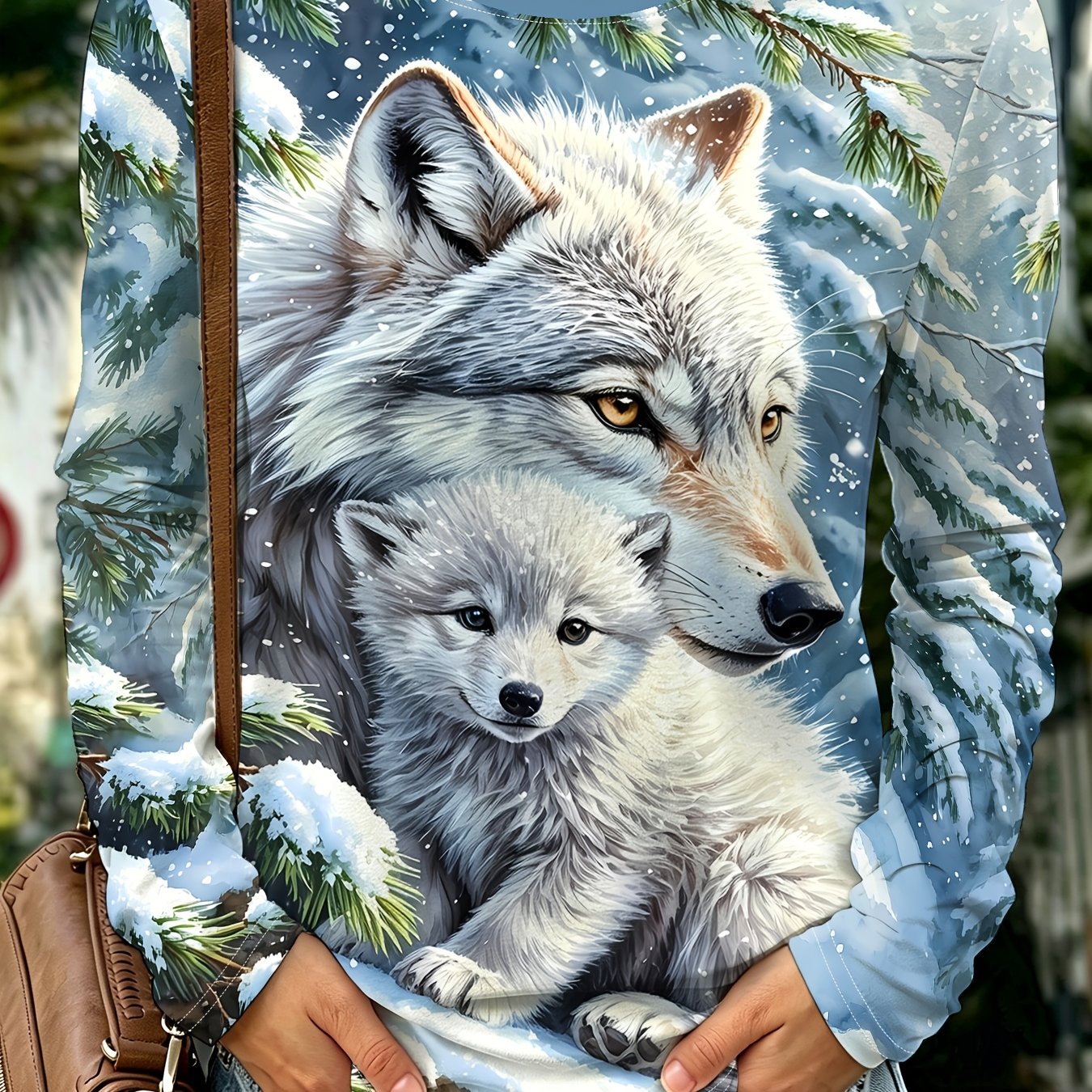 TEMU Women's Long Sleeve Round Neck T-shirt, White Wolf And Cub In Snowy Pine Branch Scene Realistic Print