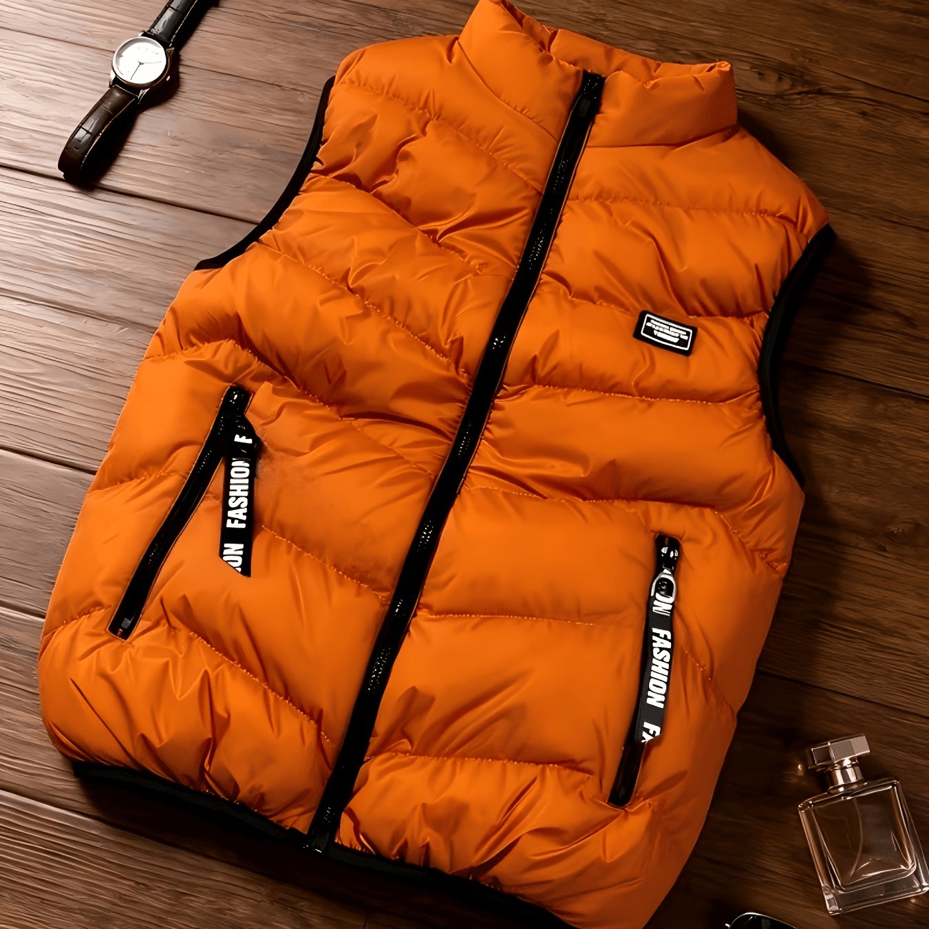 TEMU Men's Thickened Thermal Vest - Full-zip Winter Jacket With Collar And Zippered Pockets - Full-length Zipper Closure - Full-zip Outerwear For