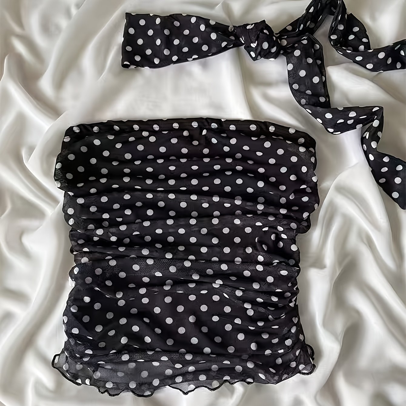 E-shop Neue Damen Sommer-Bandeau-Top mit Polka-Dots Bändern, plissiertes Stretch-Mesh-Crop-Top ZLLZ