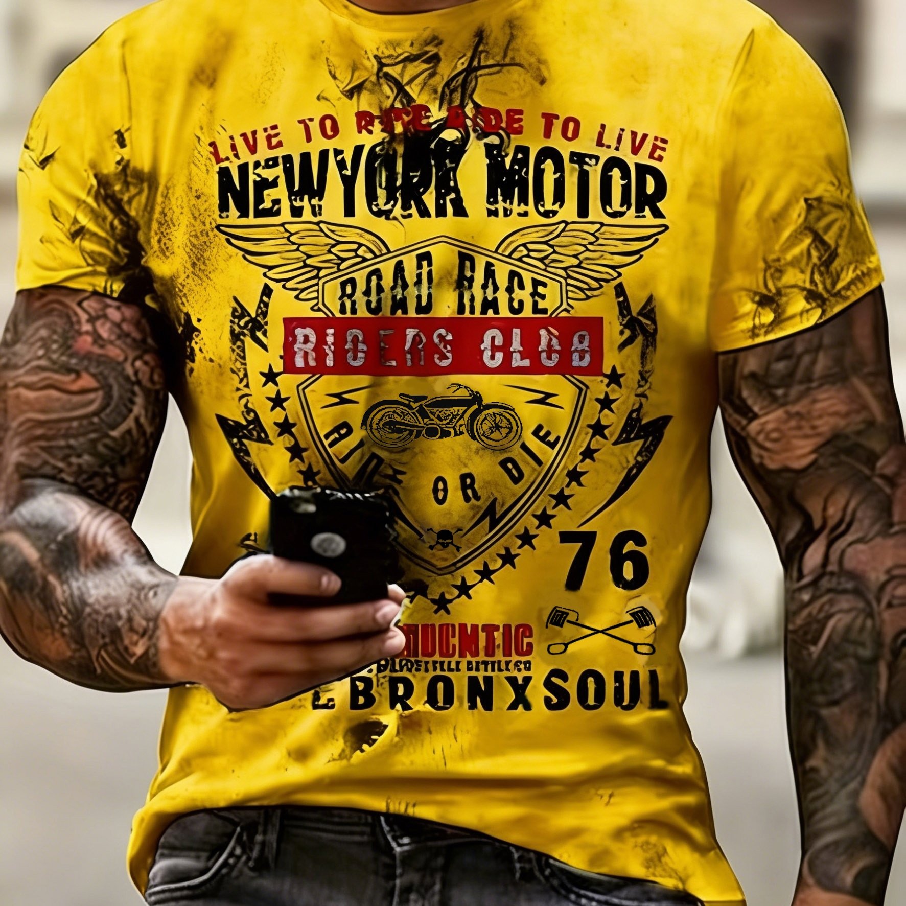 TEMU Maglietta Vintage Motocicletta - Stile Retro Corta , Lavabile in Lavatrice Poliestere/Elastan, T-Shirt Casual con Design NYC