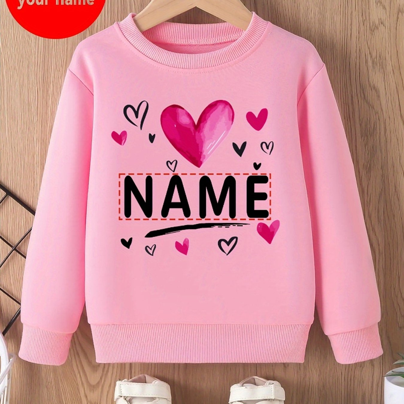 Image of Girl's Hoodless Sweatshirt With Name Customization Heart Pattern Printing Versatile Warm Round Neck Long Sleeved Hoodless Sweatshirt,fall And Winter Clothes,christmas,halloween