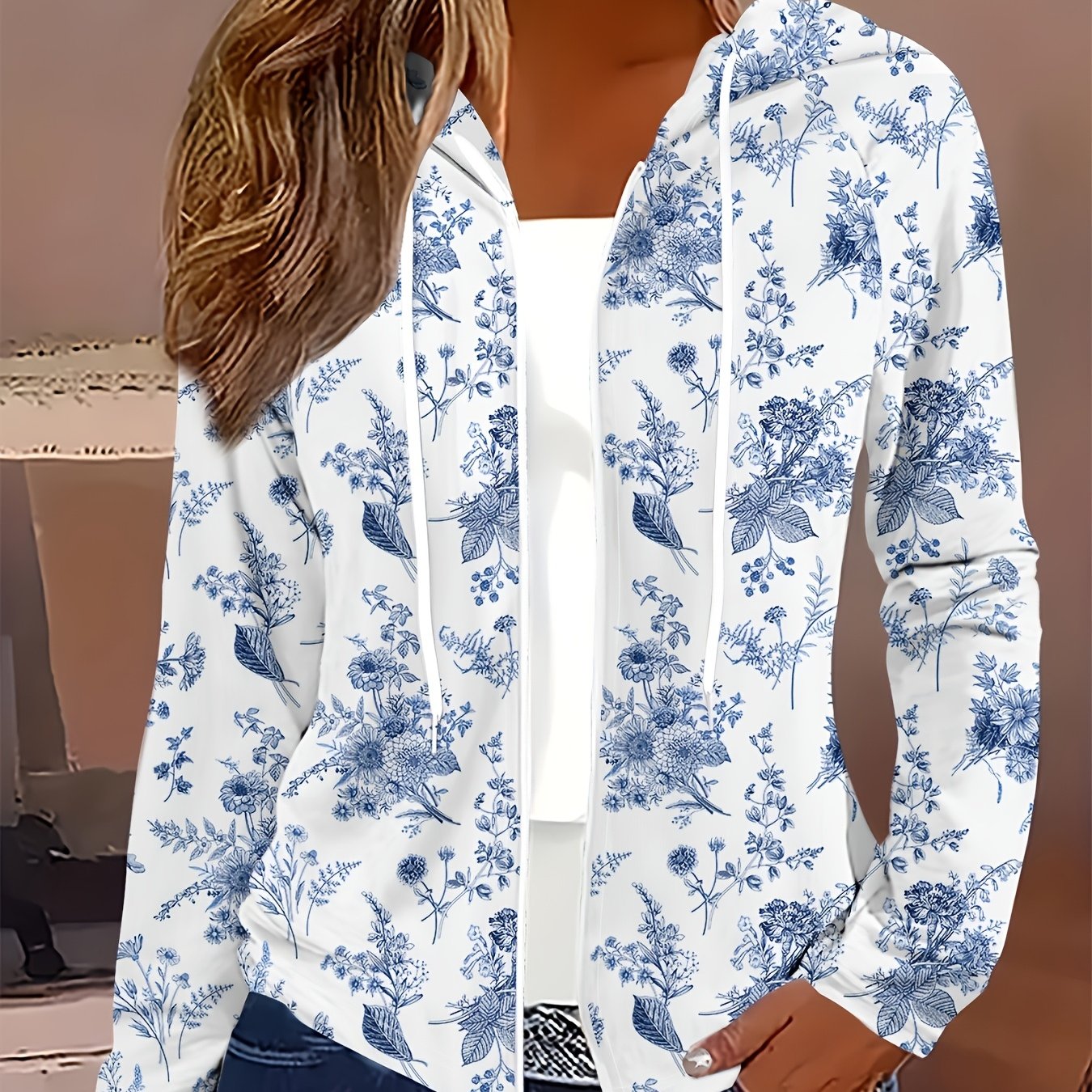 TEMU Women's Casual Jacket With Blue Floral Print In A Relaxed Style