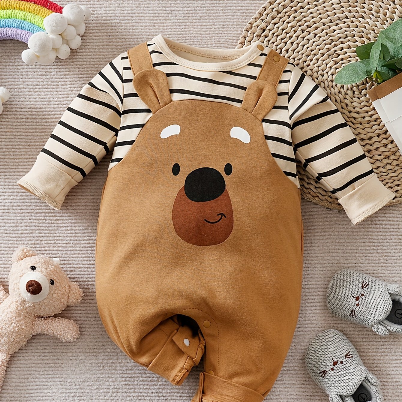 Image of Fake Suspender Striped Brown Bear Long-sleeved Children's Bodysuit For Spring And Autumn, Perfect For Outdoor