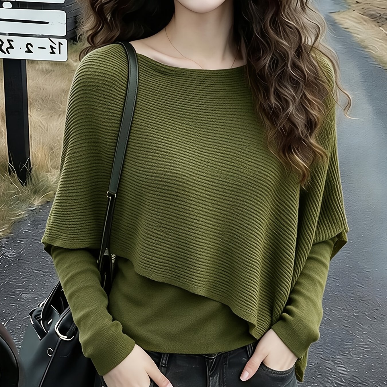 TEMU Pull à manches longues et cape irrégulière de style français pour femme, nouveau look 2-en-1 automne/hiver, haut châle de