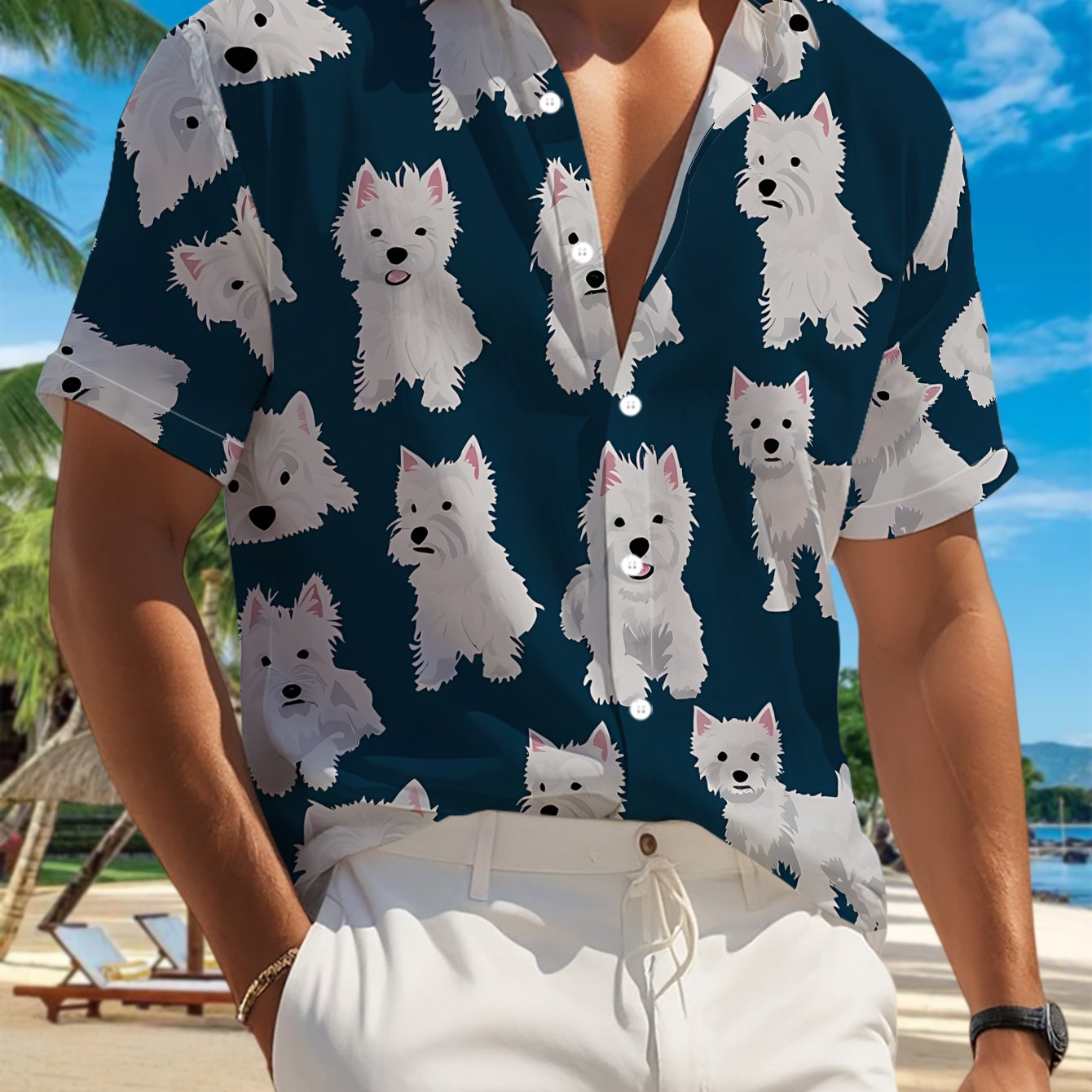 TEMU 's Casual Short-sleeve Shirt Featuring A Print Of White West Highland On A Navy , Perfect For Holiday Gatherings, Commuting