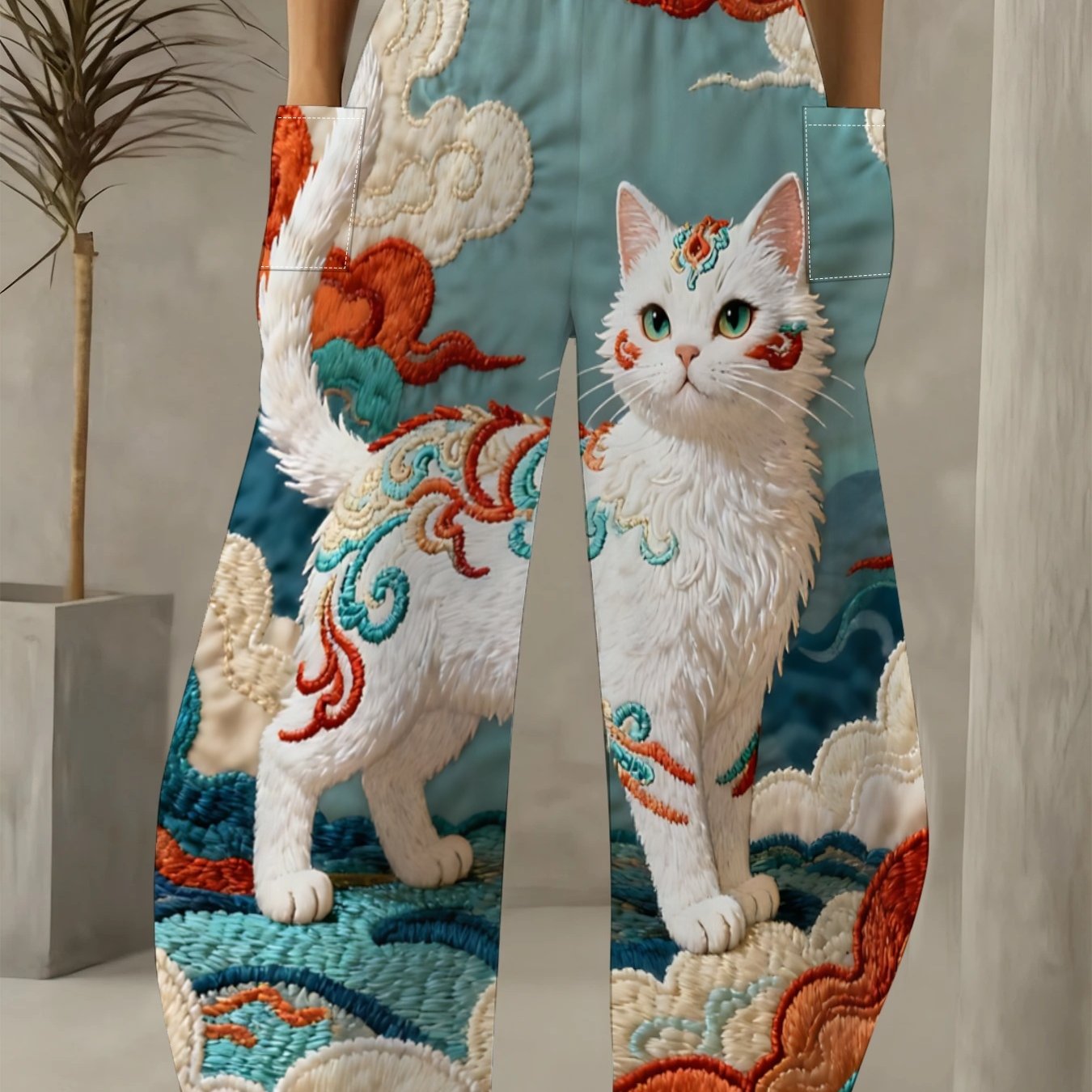 TEMU Guochao Cloud Cat Wide-leg Pants, White Cat With Cloud Pattern And -like Print, With Solid-colored Top For A And Elegant New Chinese Style