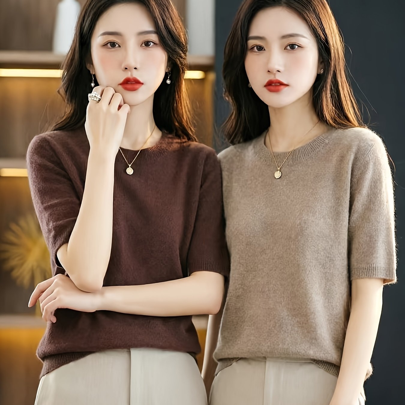TEMU 2pcs Set Short-sleeve Solid Color Crew Neck Top, Elegant And Stylish Women's Top, Versatile Base Layer Short-sleeve T-shirt, Women's Apparel