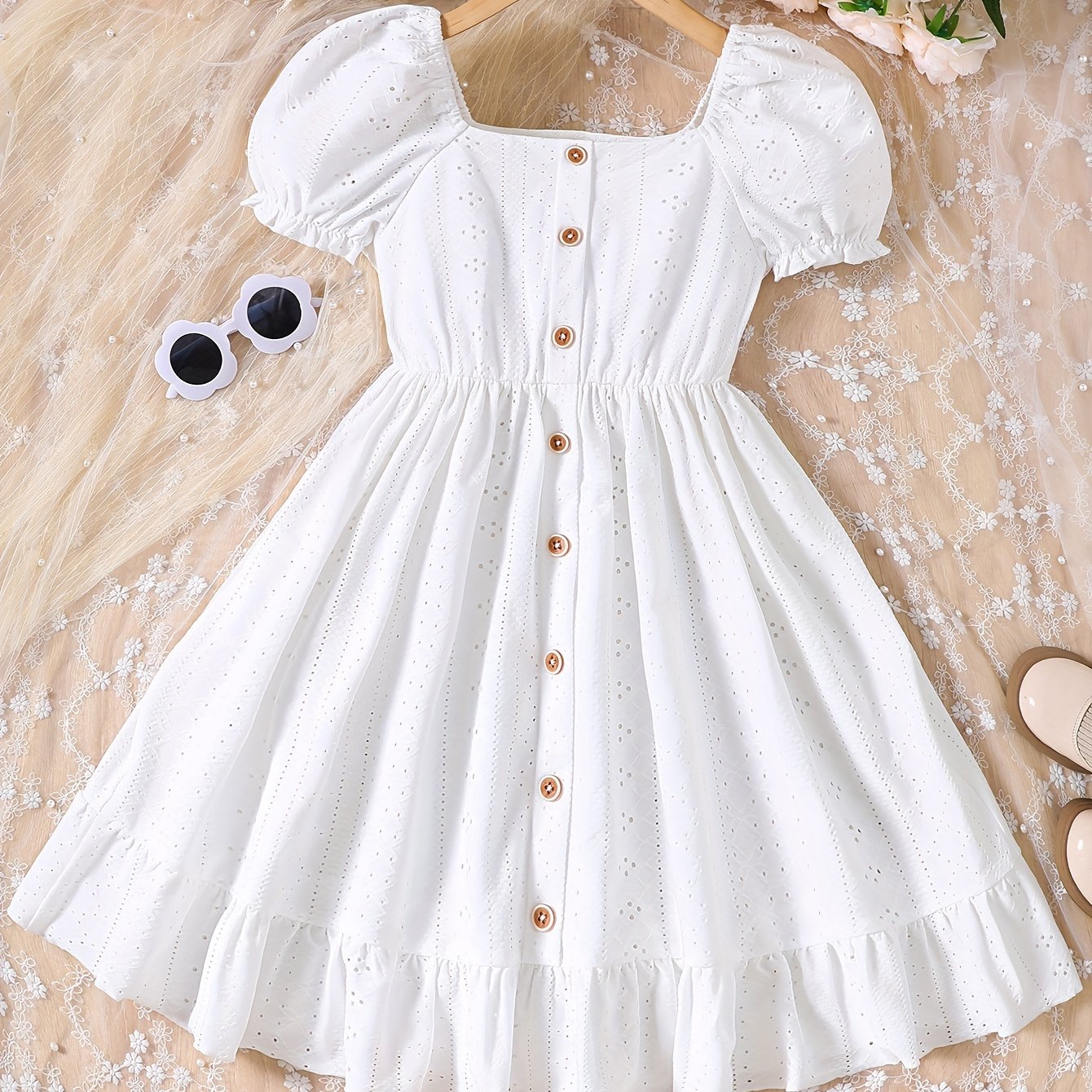Girls' New Knitted Openwork Jacquard Bubble Sleeve Large Ruffle Front Button Casual Dress