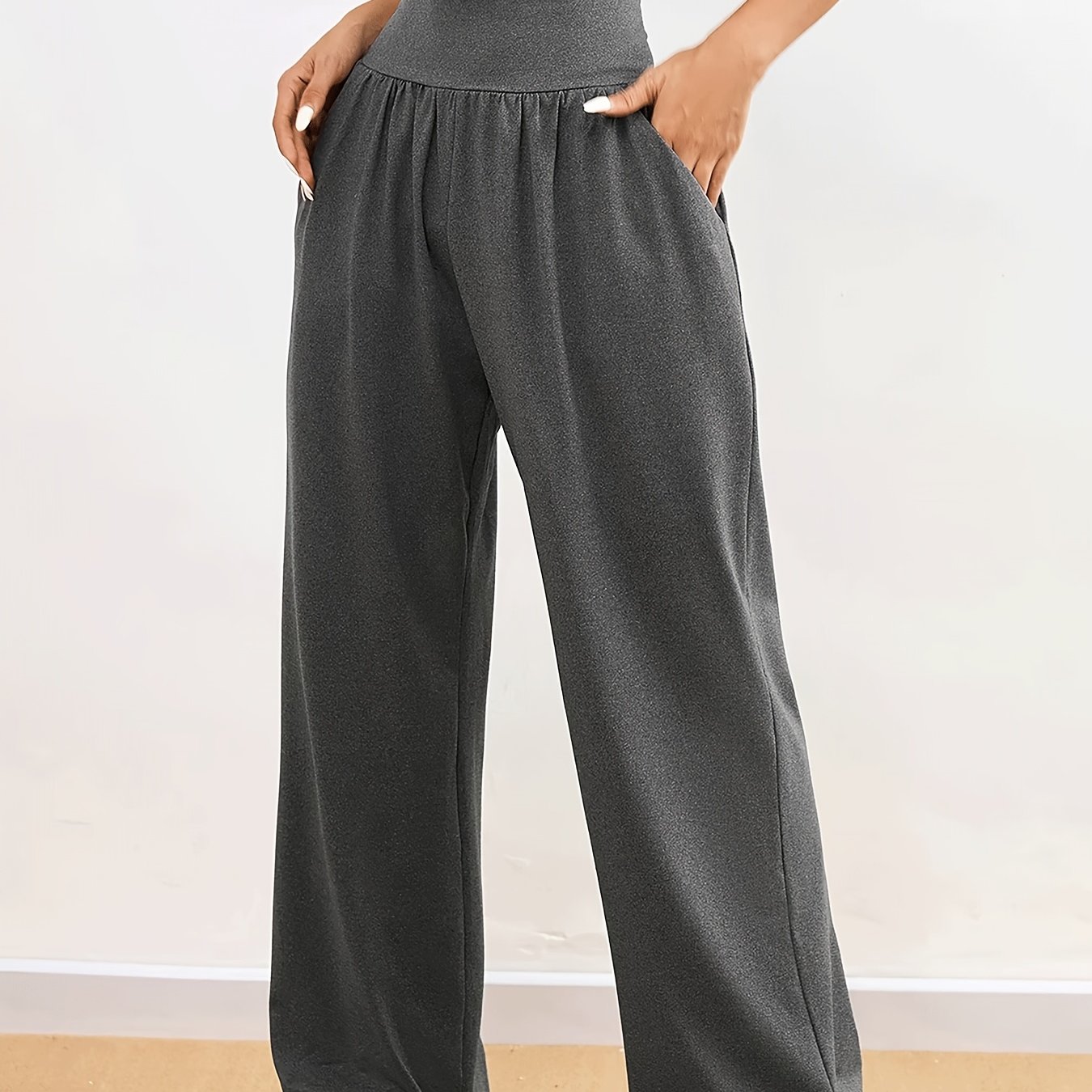 TEMU 5801 Women's High-waist Stretchy Loose-fit Straight-leg Pants | Solid Color, With Pocket Details, , Suitable For And Weekend