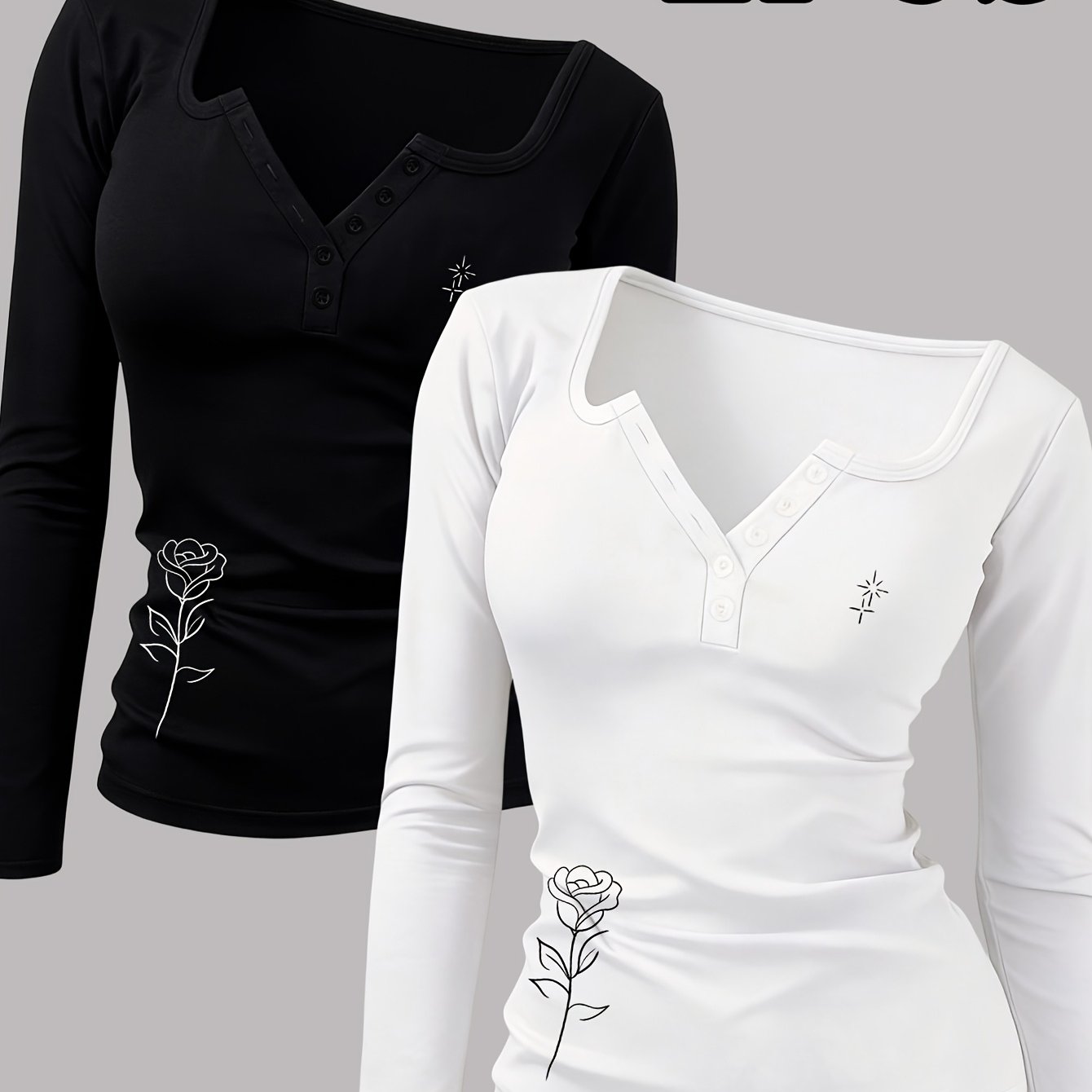 TEMU 2pcs Floral Print Women's Hot Outfit, Button-up Sexy Round Neck Long Sleeve T-shirt, A Y2k/casual/sporty/tunnel/fashion/gothic/elegant,
