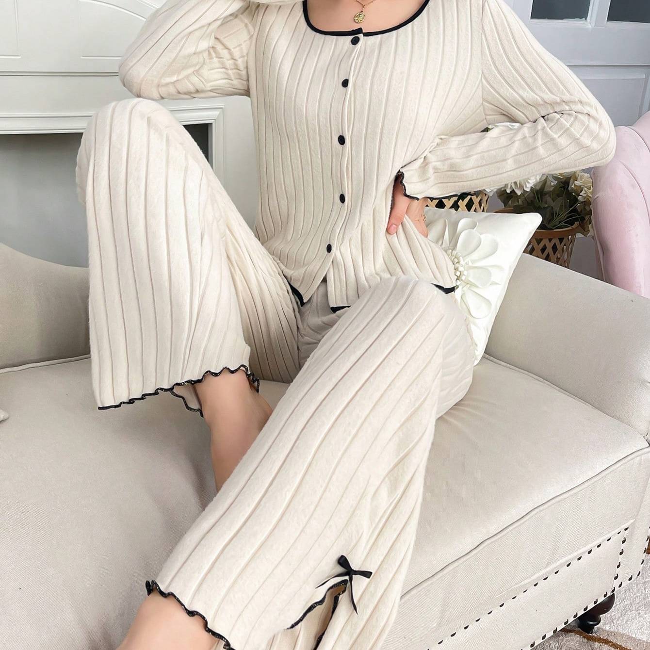 TEMU Ensemble Cardigan Col Rond Uni + Pantalon pour Femme - Tendance