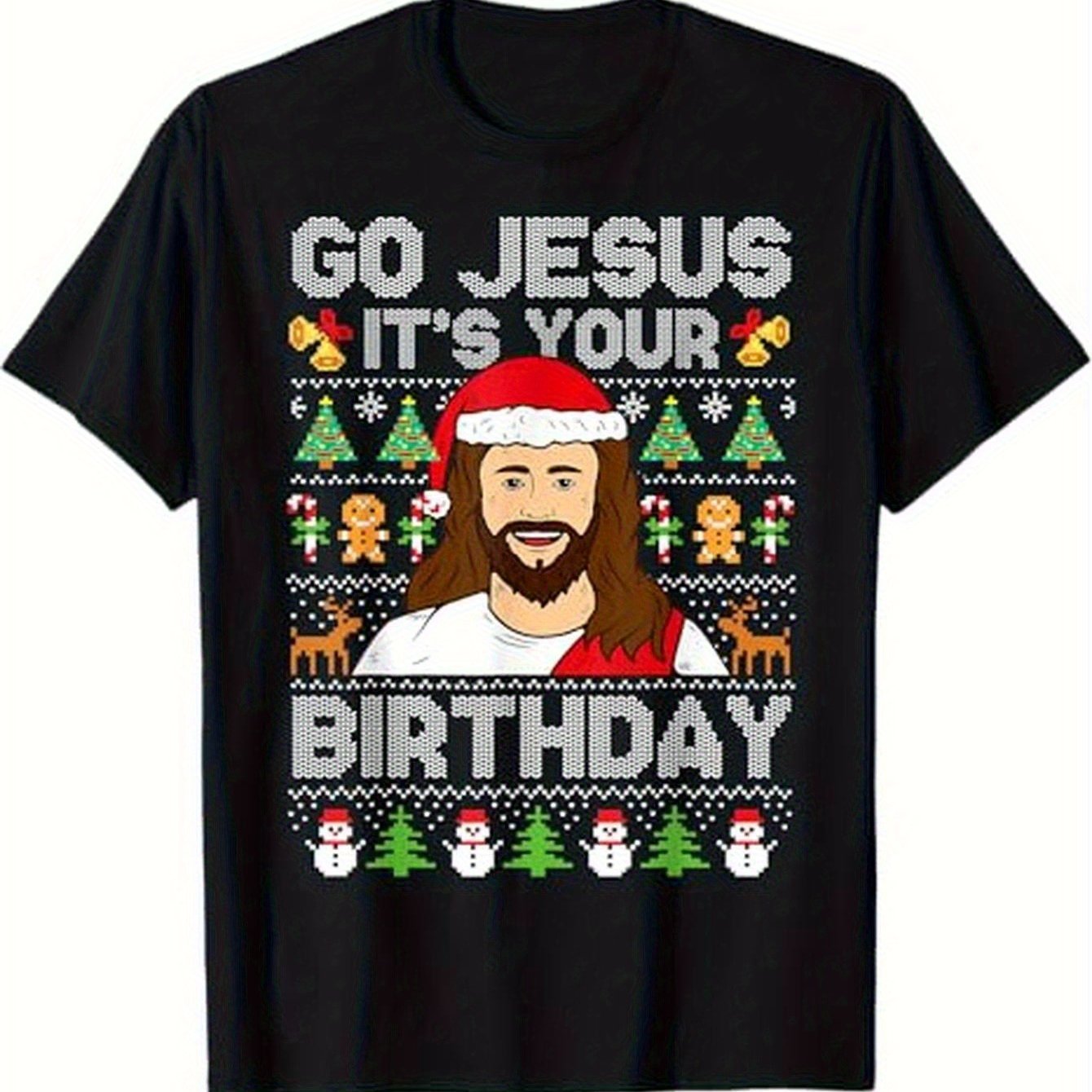TEMU Funny 's Your Birthday Christmas T-shirt - Humorous Santa Hat & Holiday Graphics, Comfortable Regular Fit Short Sleeve Tee, Halloween