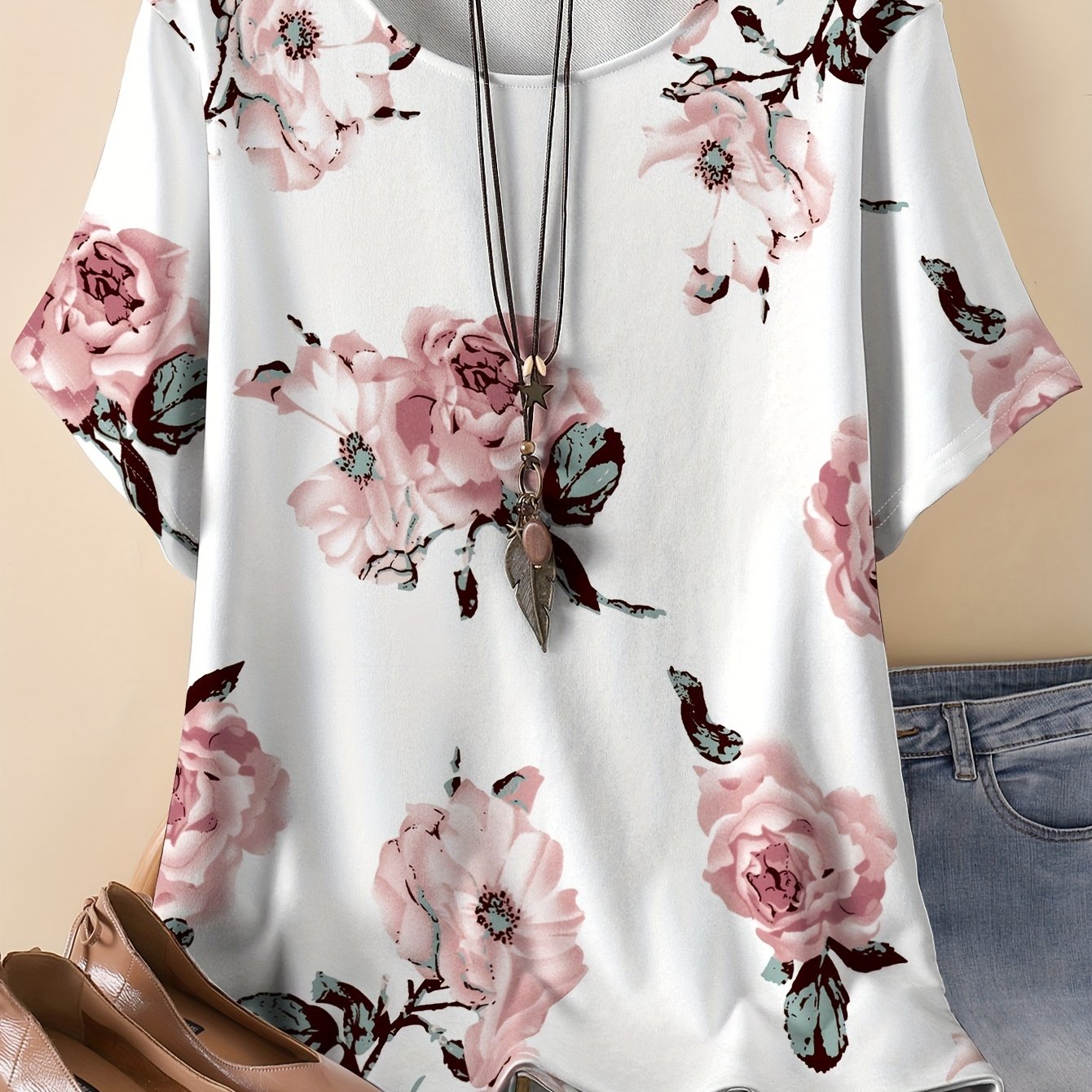 TEMU Camiseta de estampado floral en talla grande, top casual de manga corta y cuello para y verano, ropa de talla grande para mujeres