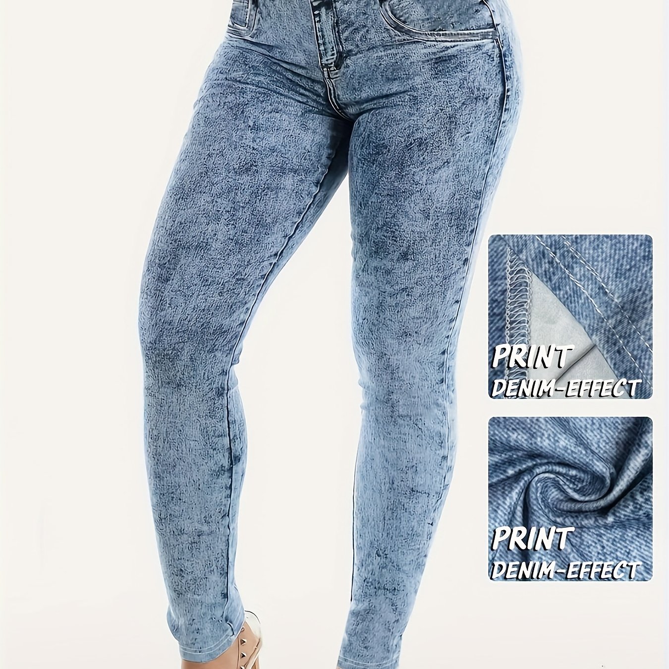 TEMU 【 denim】Leggings largos para mujer, pantalones ajustados estampados que imitan el denim ., leggings largos, leggings estampados, leggings mujer,