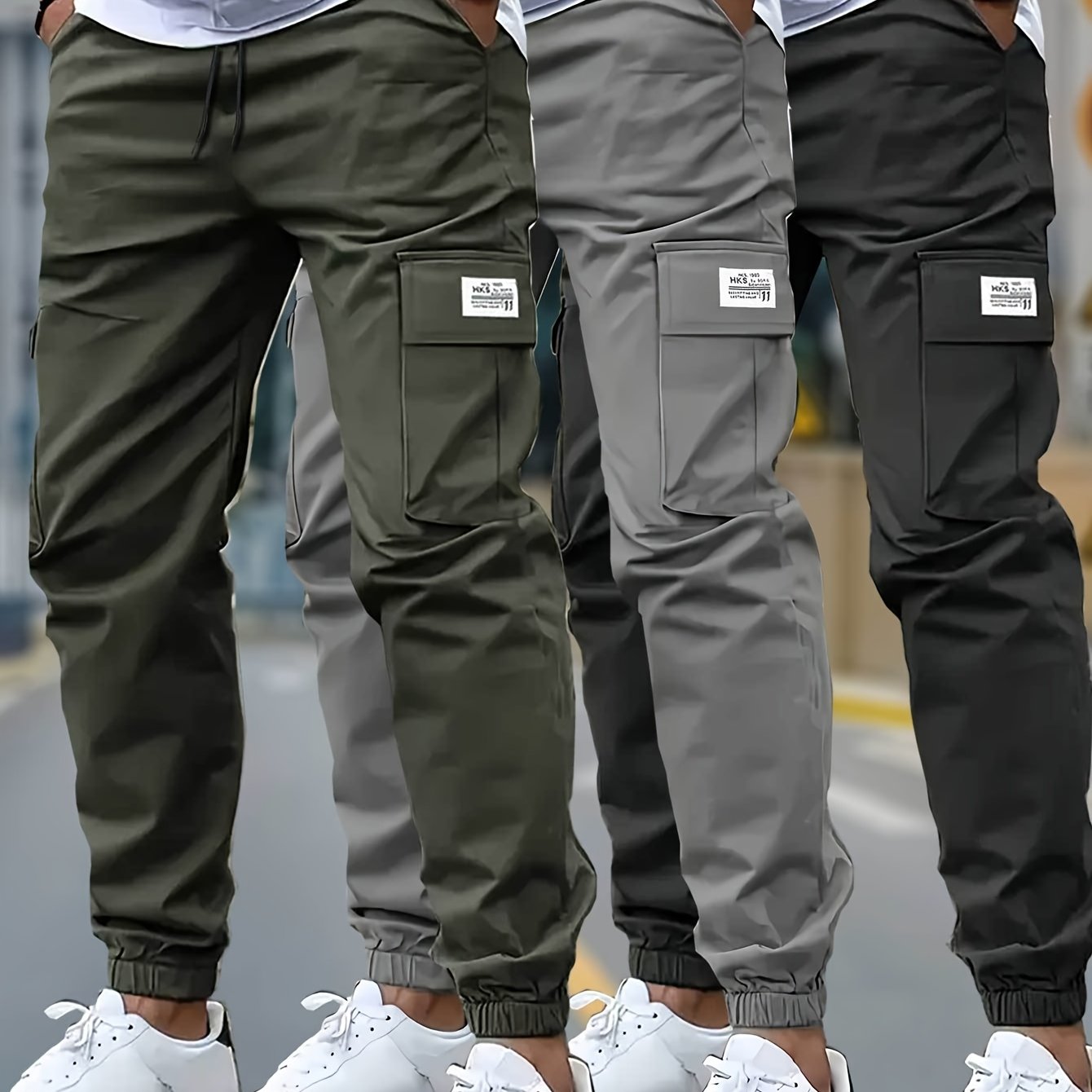 E-shop 3 Stück OBM Herren Retro Cargo-Hosen – Leichte Bund mit Kordelzug, Mehrere Seitentaschen, Gerade Passform für Sommer/Herbst Outdoor & Casual
