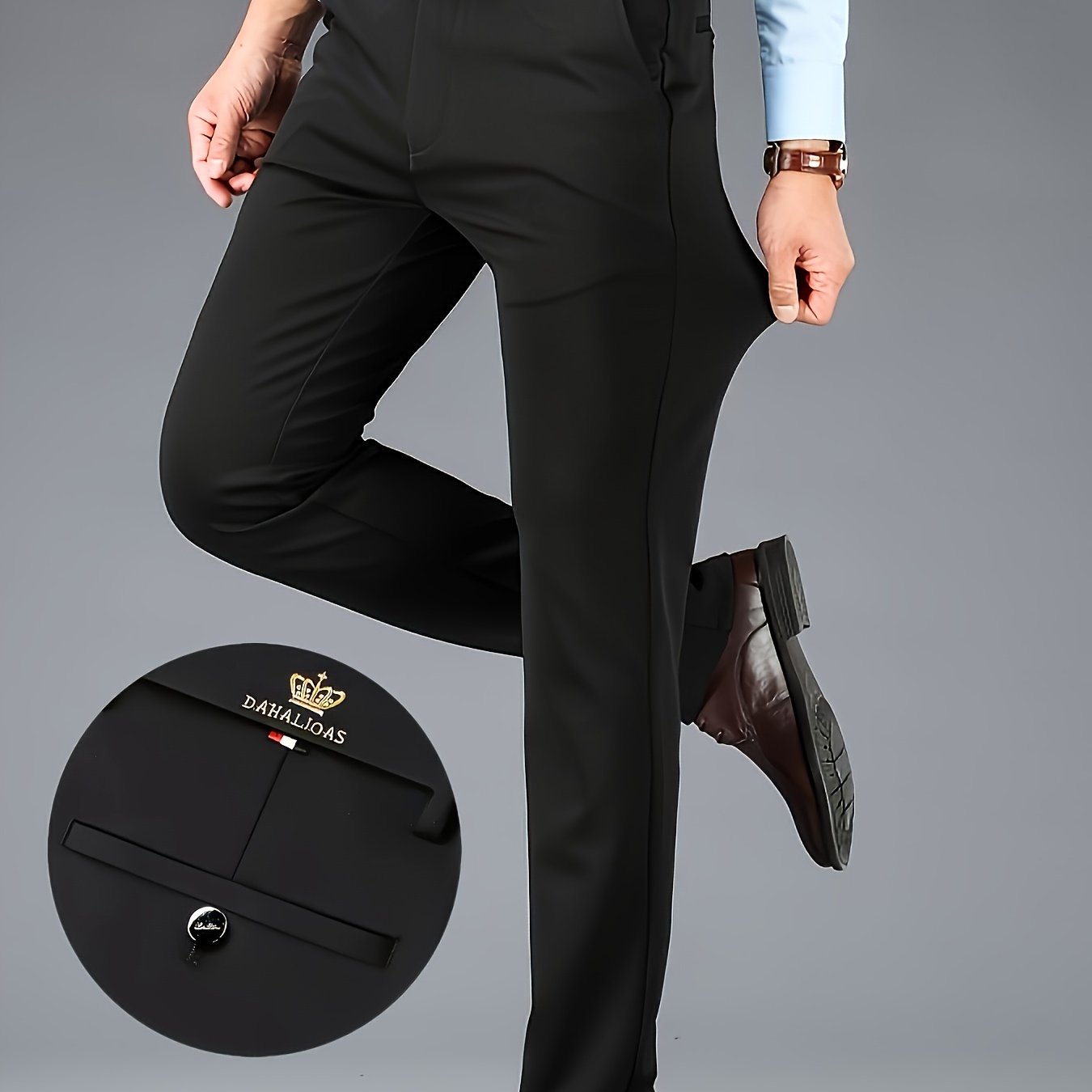 TEMU Men's Anti-wrinkle Business Trousers | Straight Cut Dress Pants | Crown Embroidery Detail | Button And Zipper Double Closure | Formal Long