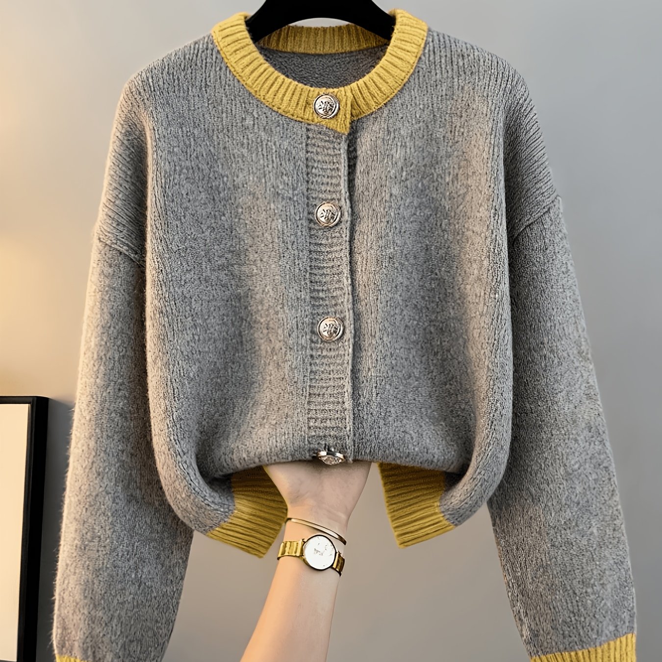 TEMU Women's Autumn-winter Versatile Color-collision Round-neck Cardigan, Soft And Plush Outerwear Top, Korean Gentle Style Versatile Coat