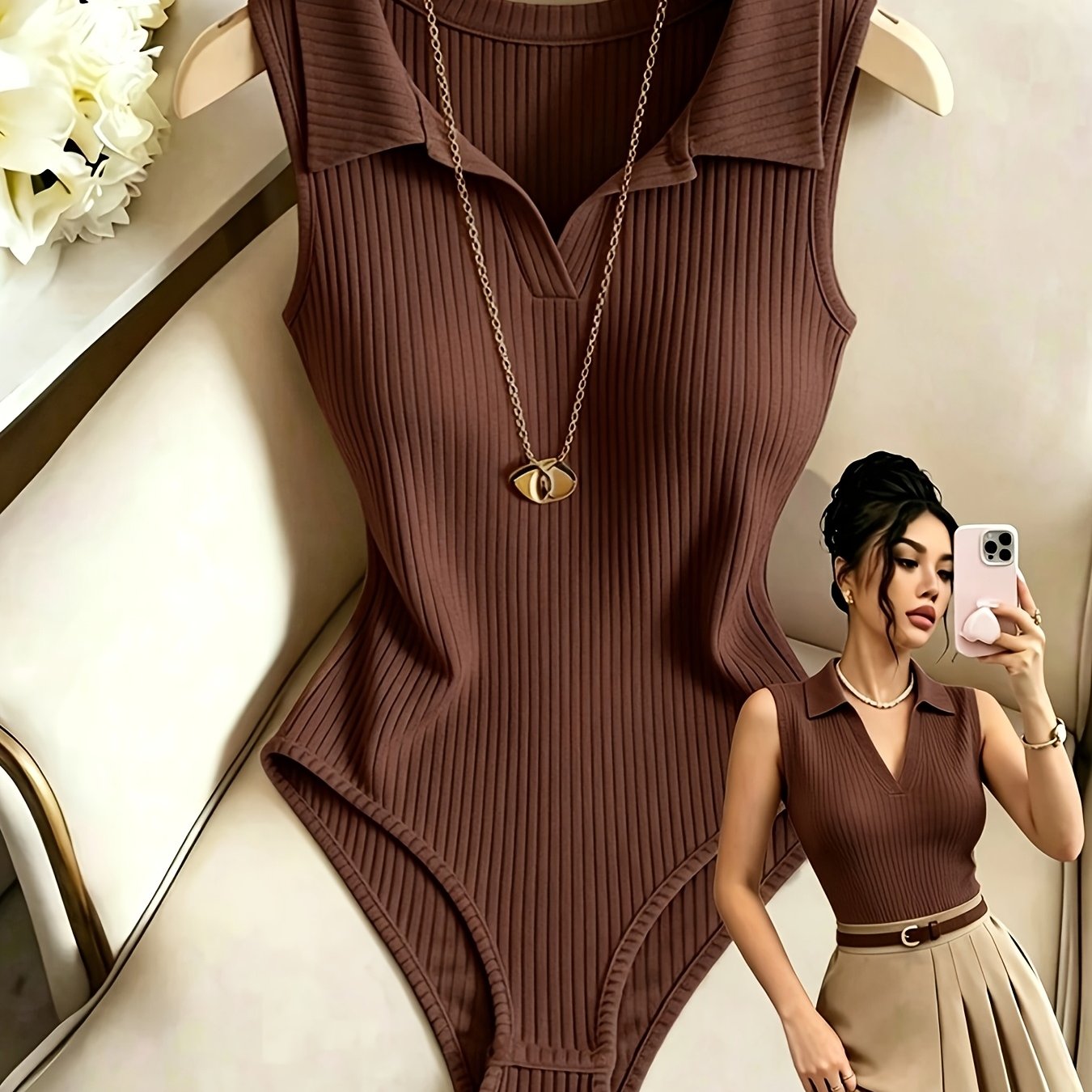 TEMU Women's Bodysuit Top, Sleeveless Tank Top With Lapel And V-neck Design, Ribbed Texture, Elegant And Base Layer